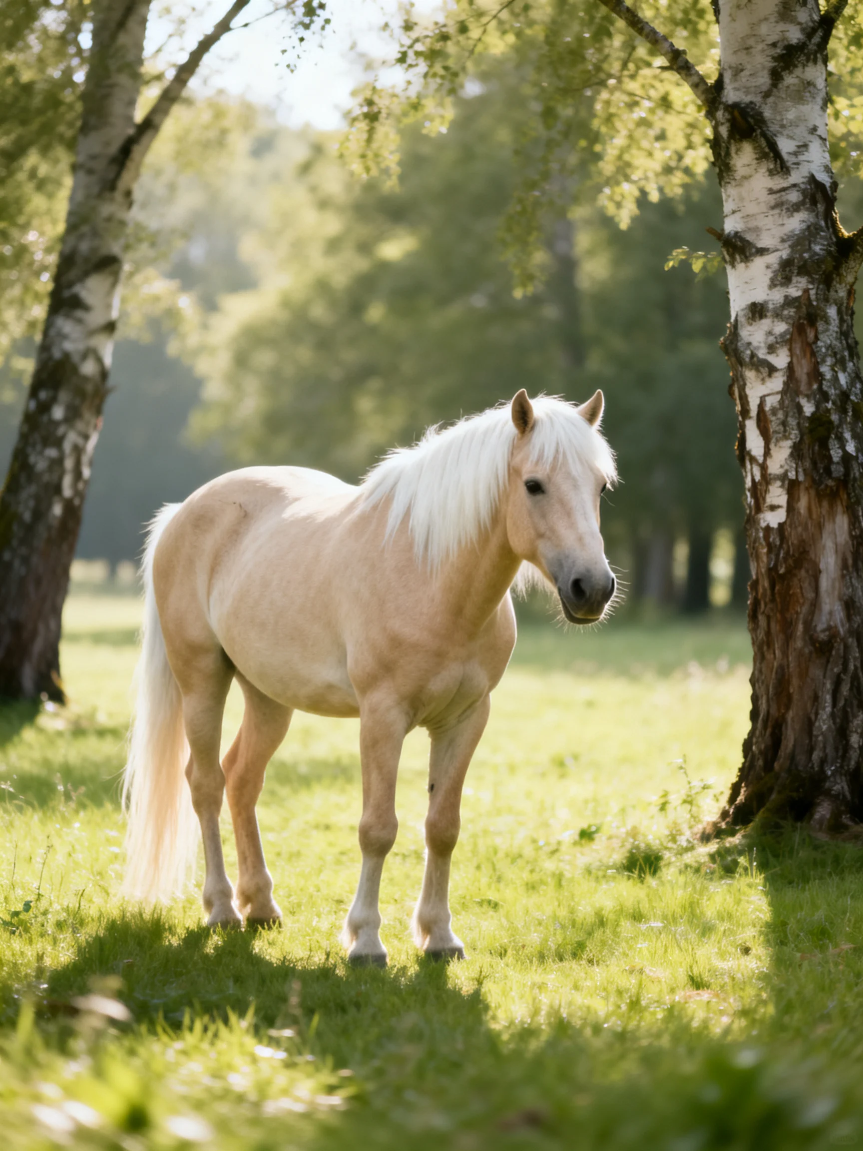 A light tan pony stands among white-barked birch trees in a sunlit meadow
