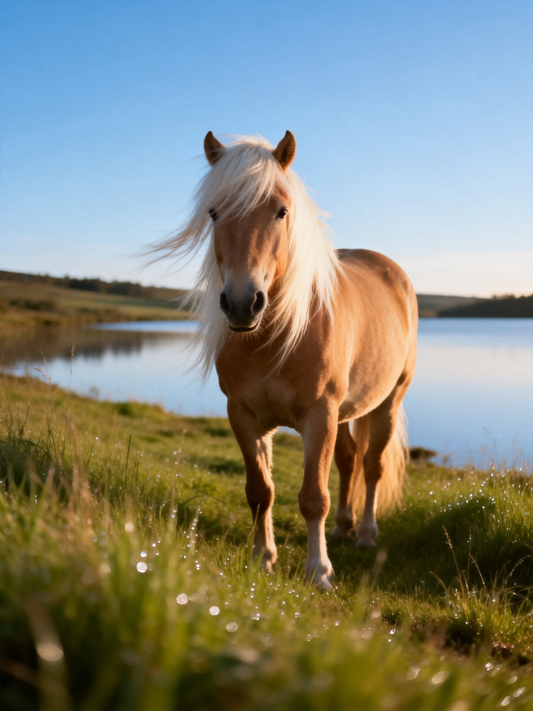A light tan pony with long blonde mane near a calm lake