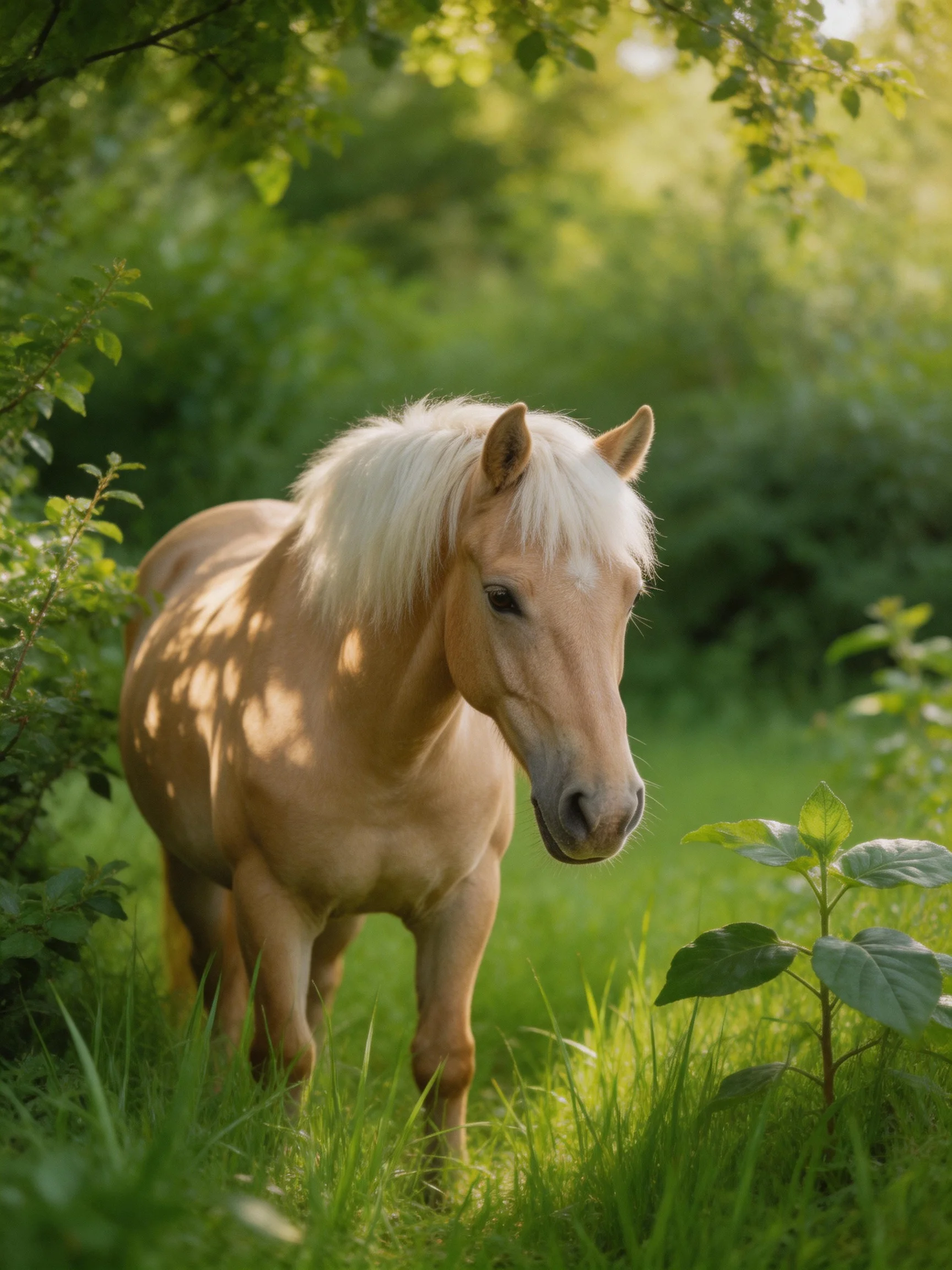A light tan pony with white mane in lush green foliage