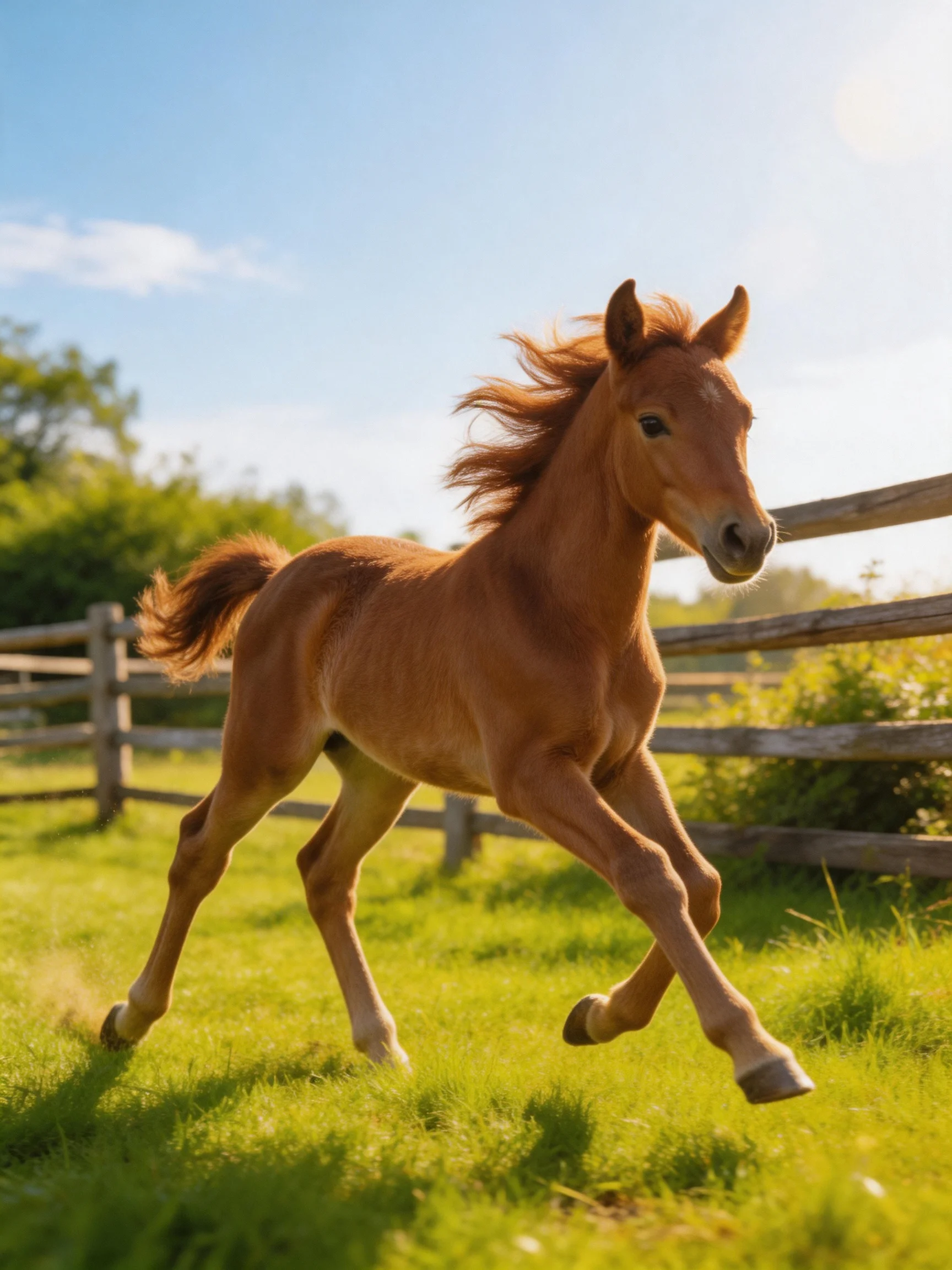 A lively chestnut foal galloping through a sunlit green pasture