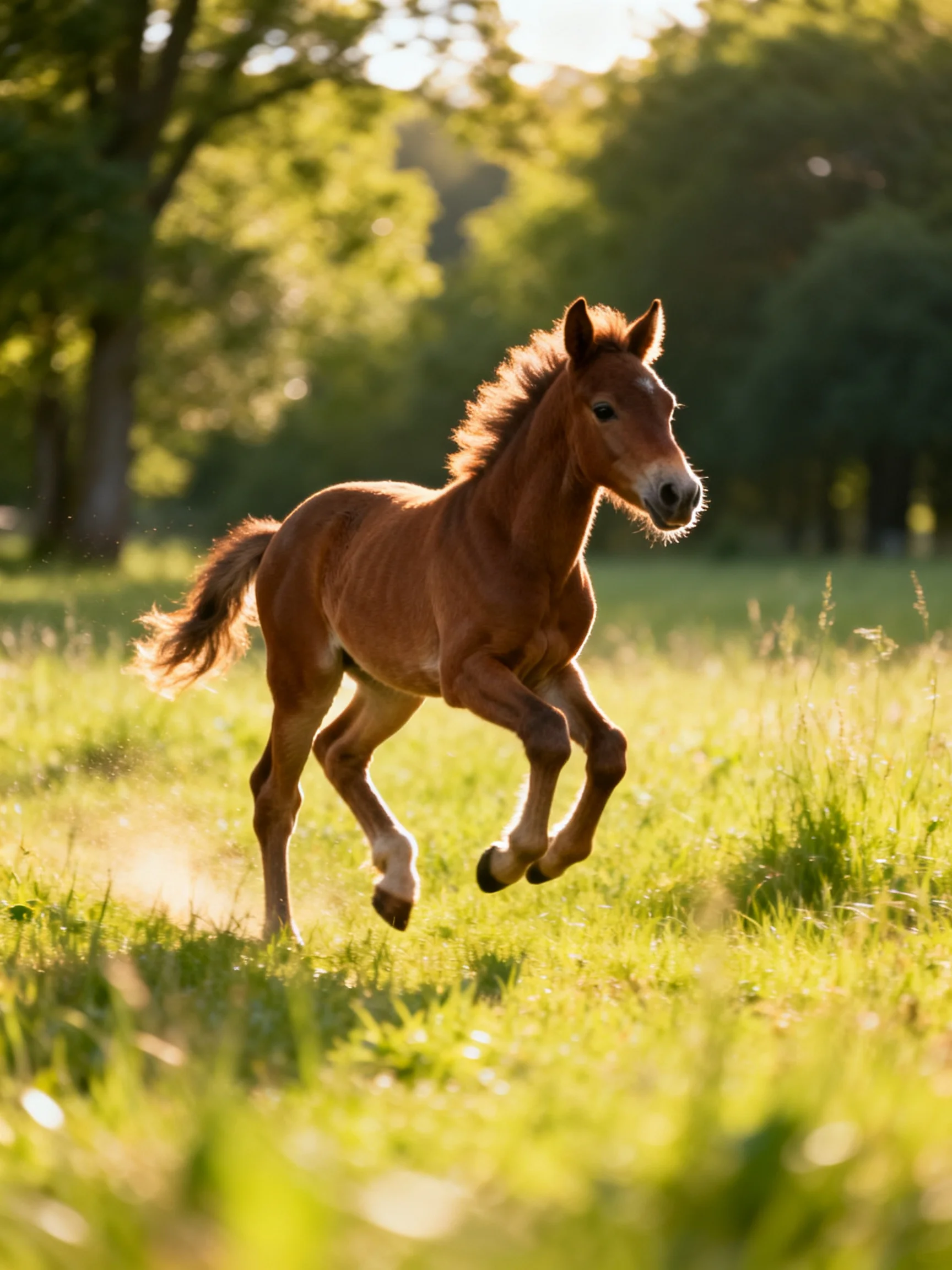 A lively chestnut foal galloping through sun-drenched meadow