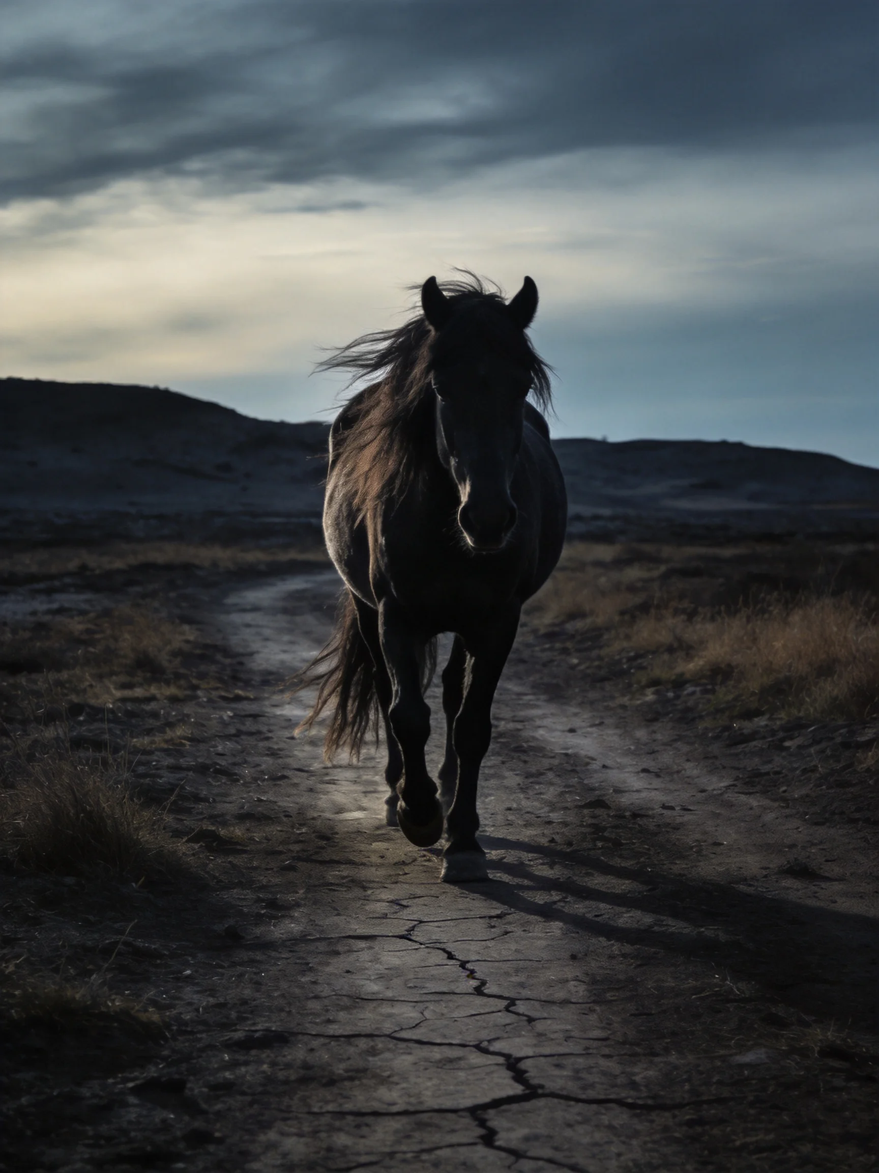 A lone black horse galloping down a cracked dirt road