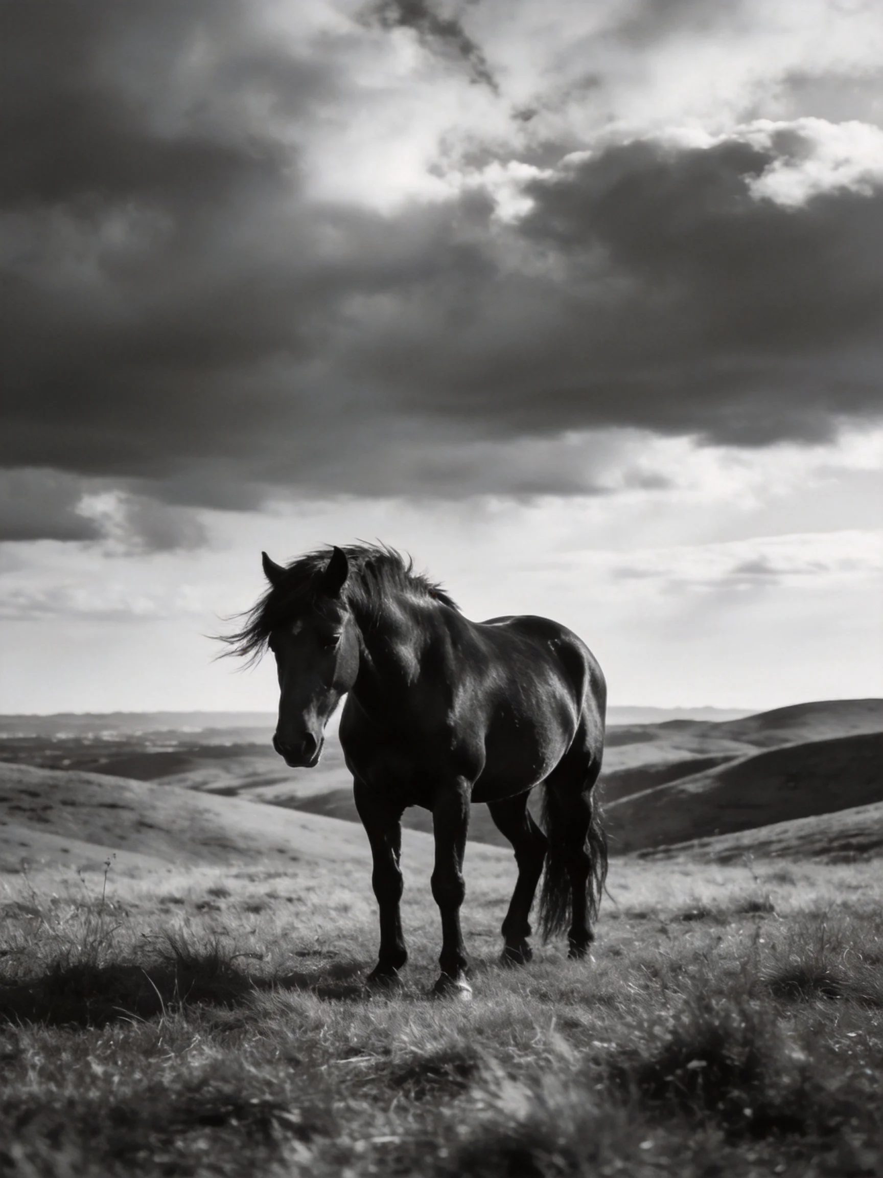 A lone black horse stands amid rolling hills under stormy skies