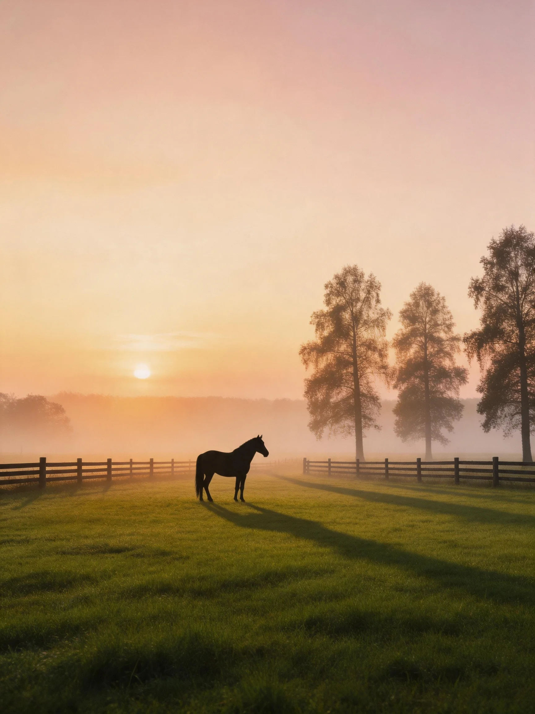 A lone horse in a misty green pasture at sunrise