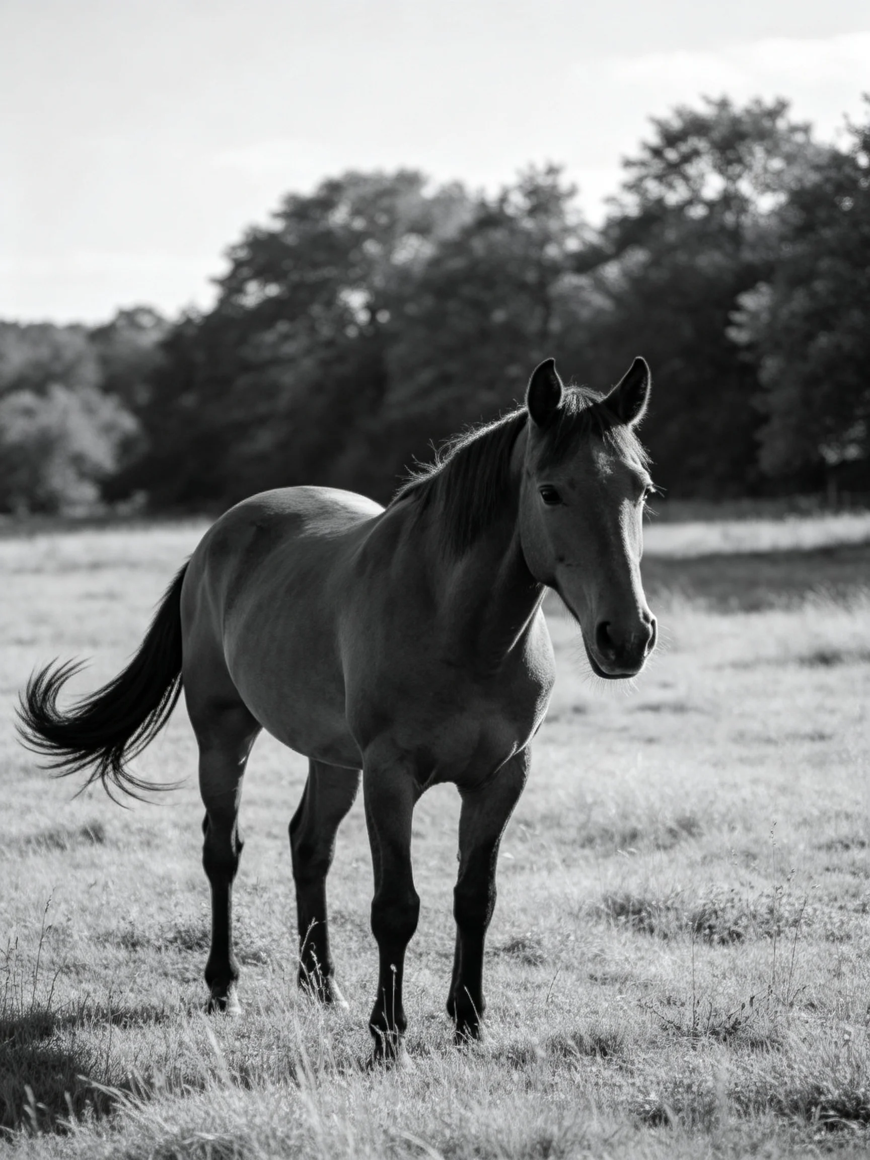 A lone horse stands in a grassy field near trees