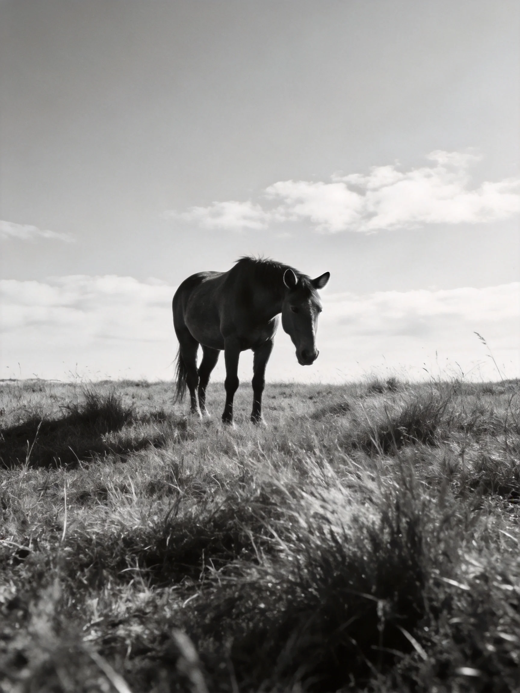 A lone horse stands in an open grassy field under scattered clouds