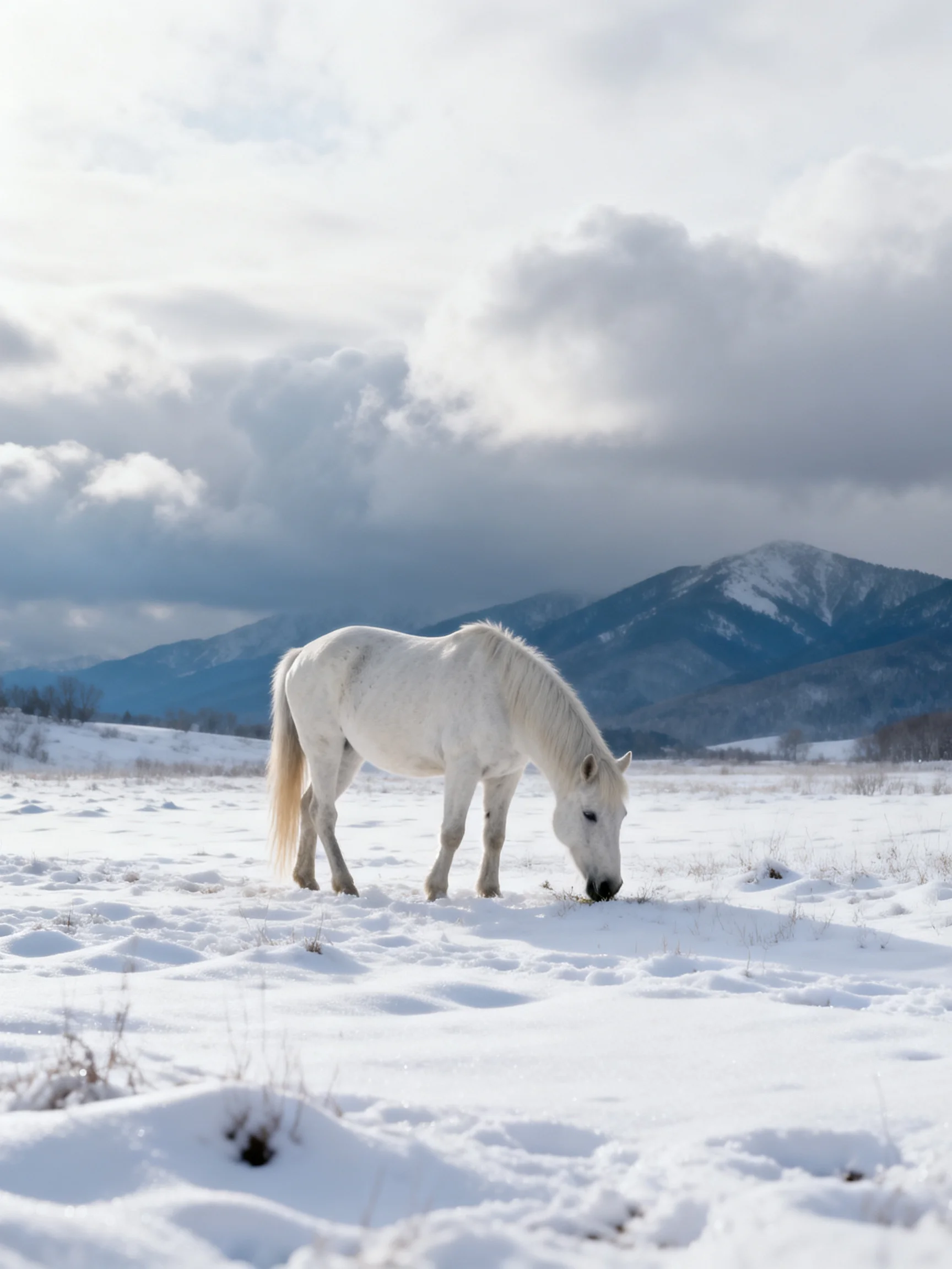 A lone white horse forages in a snow-covered expansive field beside mountain peaks