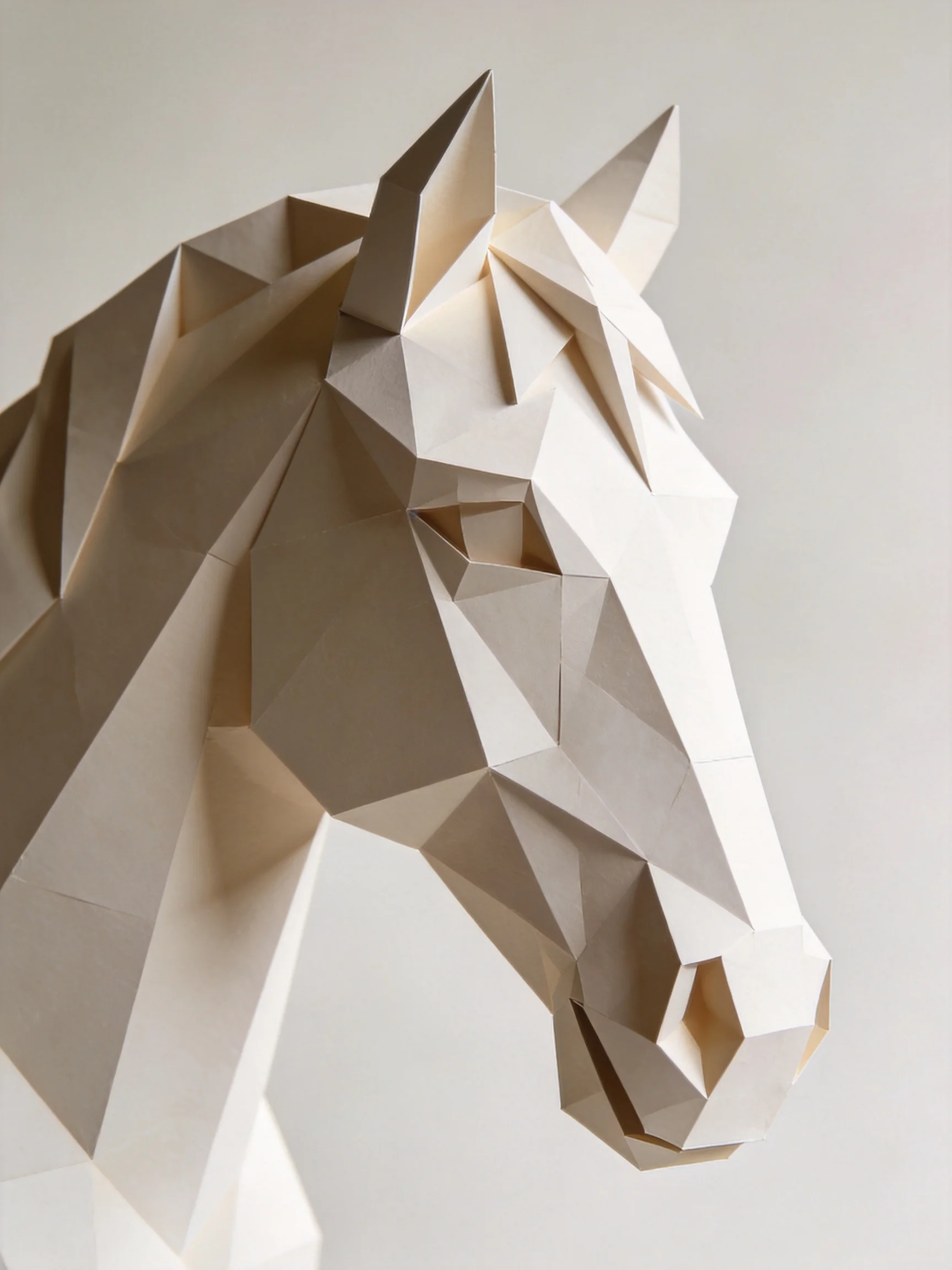A low - poly origami horse sculpture in neutral beige and white tones