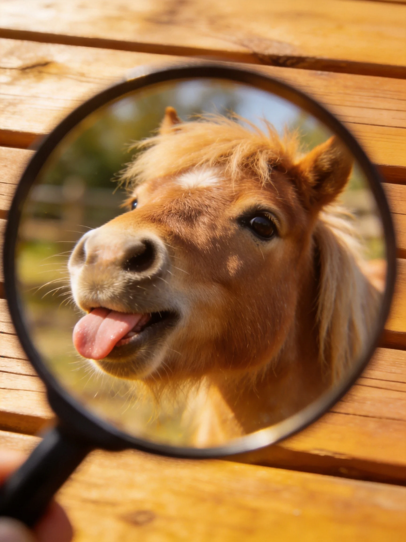 A magnifying glass displays a light brown pony on wooden planks
