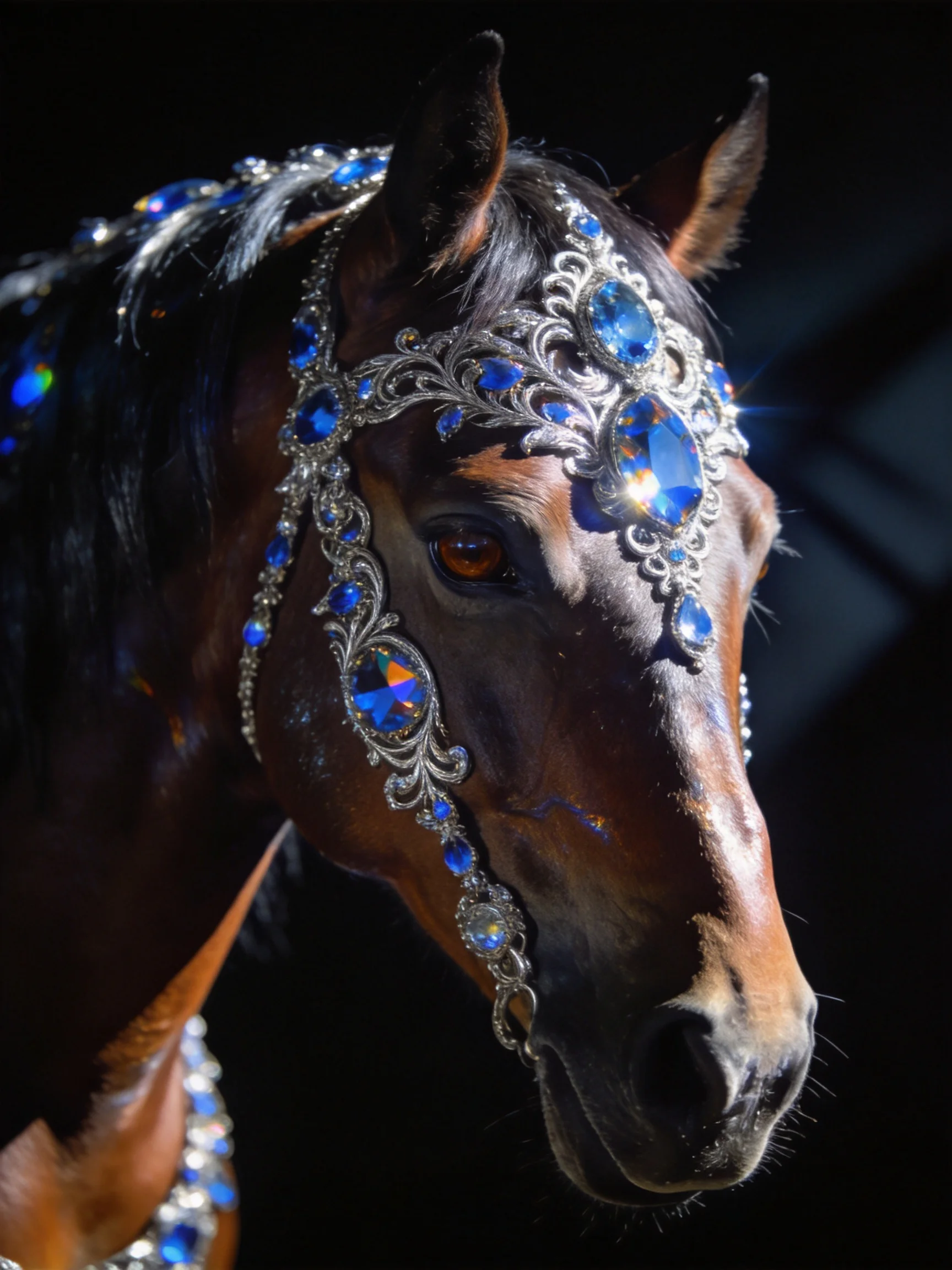 A majestic bay horse adorned with ornate blue gem headgear