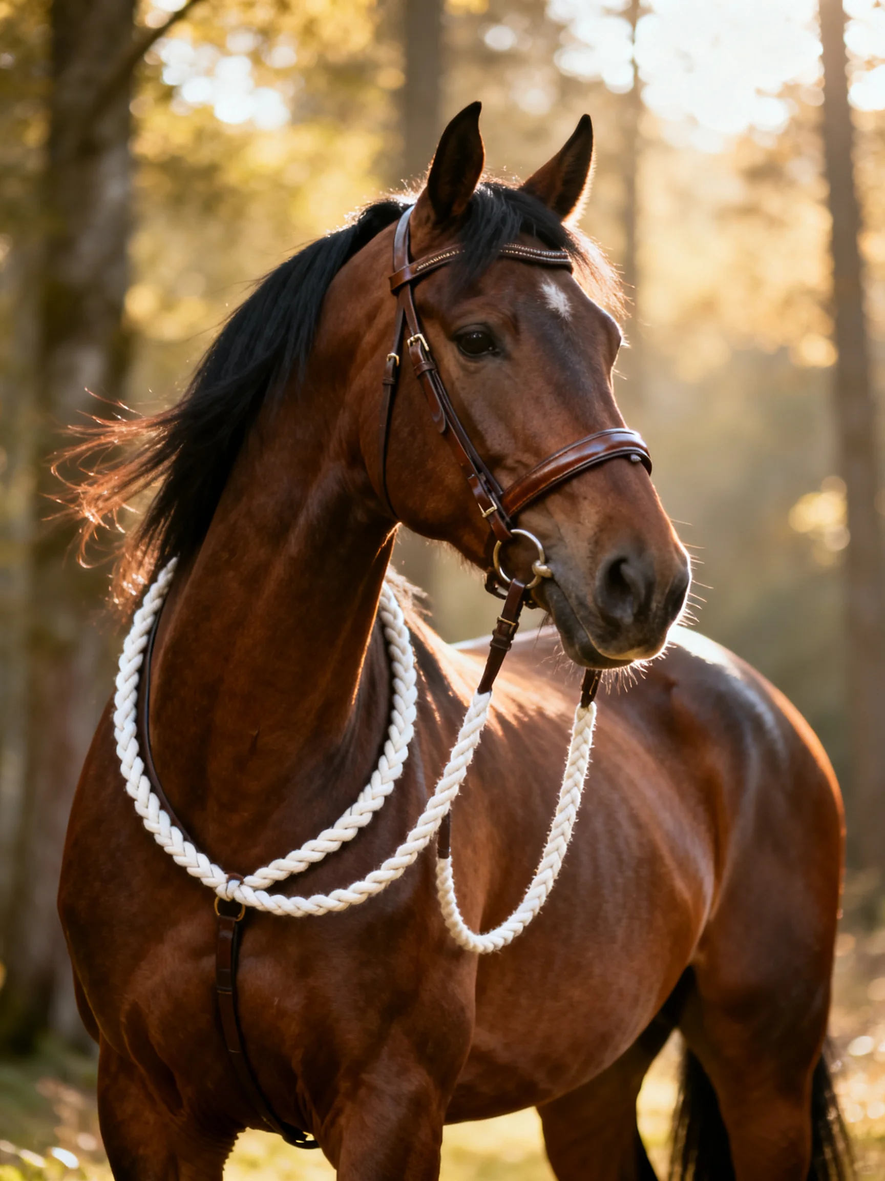A majestic bay horse with braided ropes in a sunlit forest