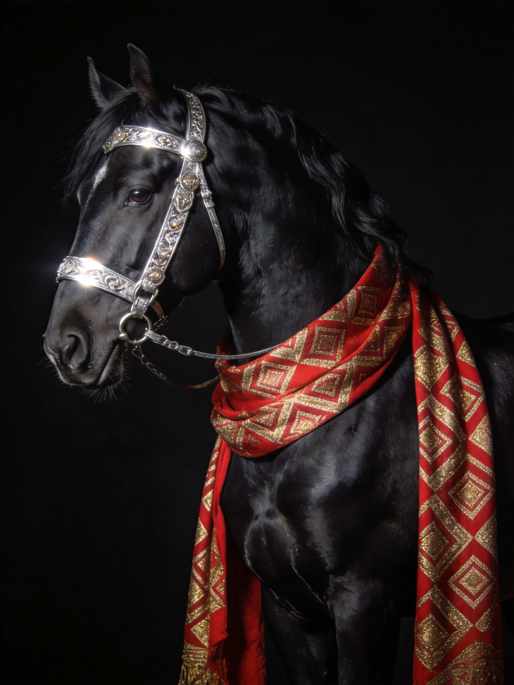 A majestic black horse adorned with silver tack and red-golden scarf
