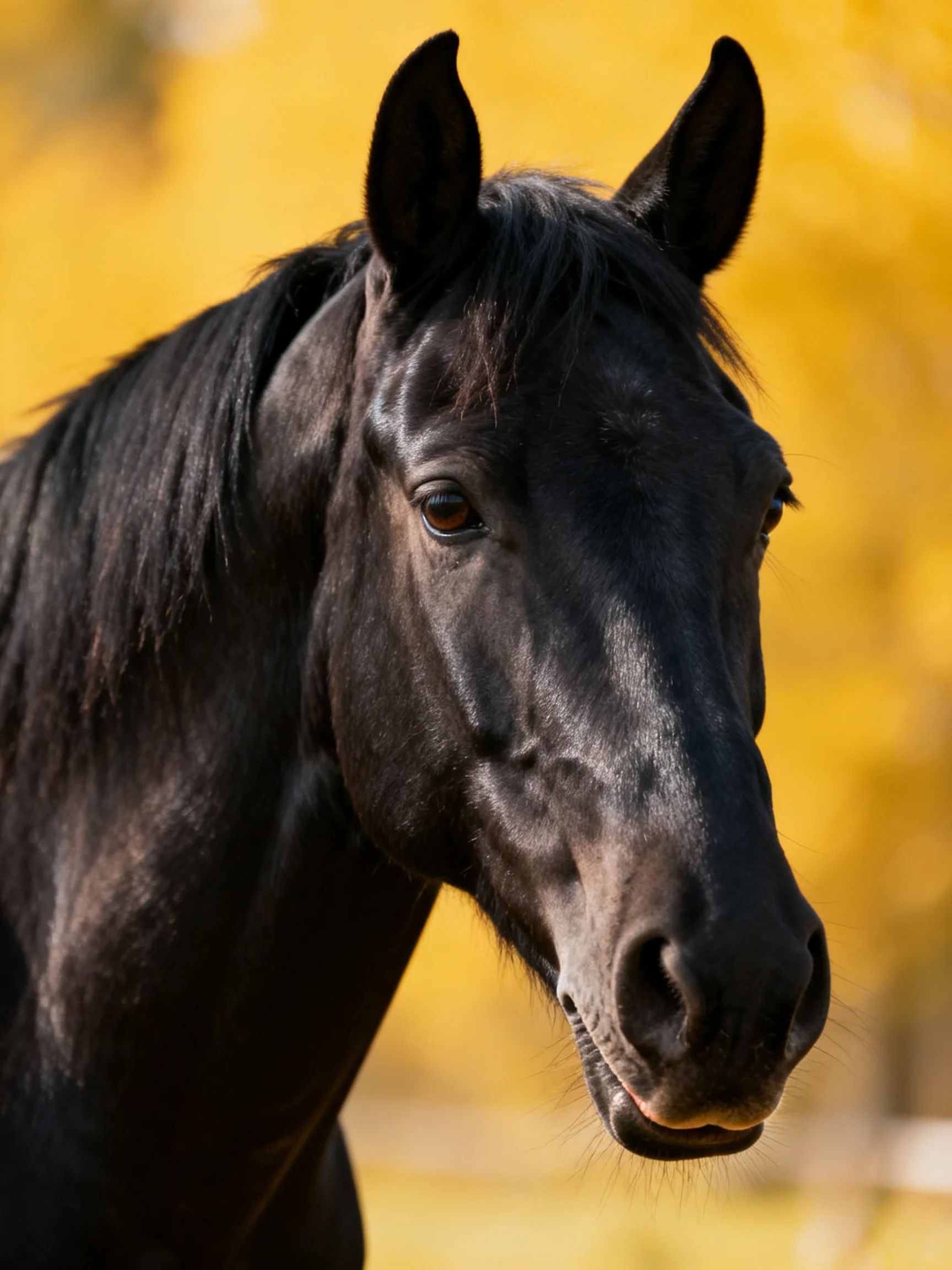 A majestic black horse against a golden autumn backdrop