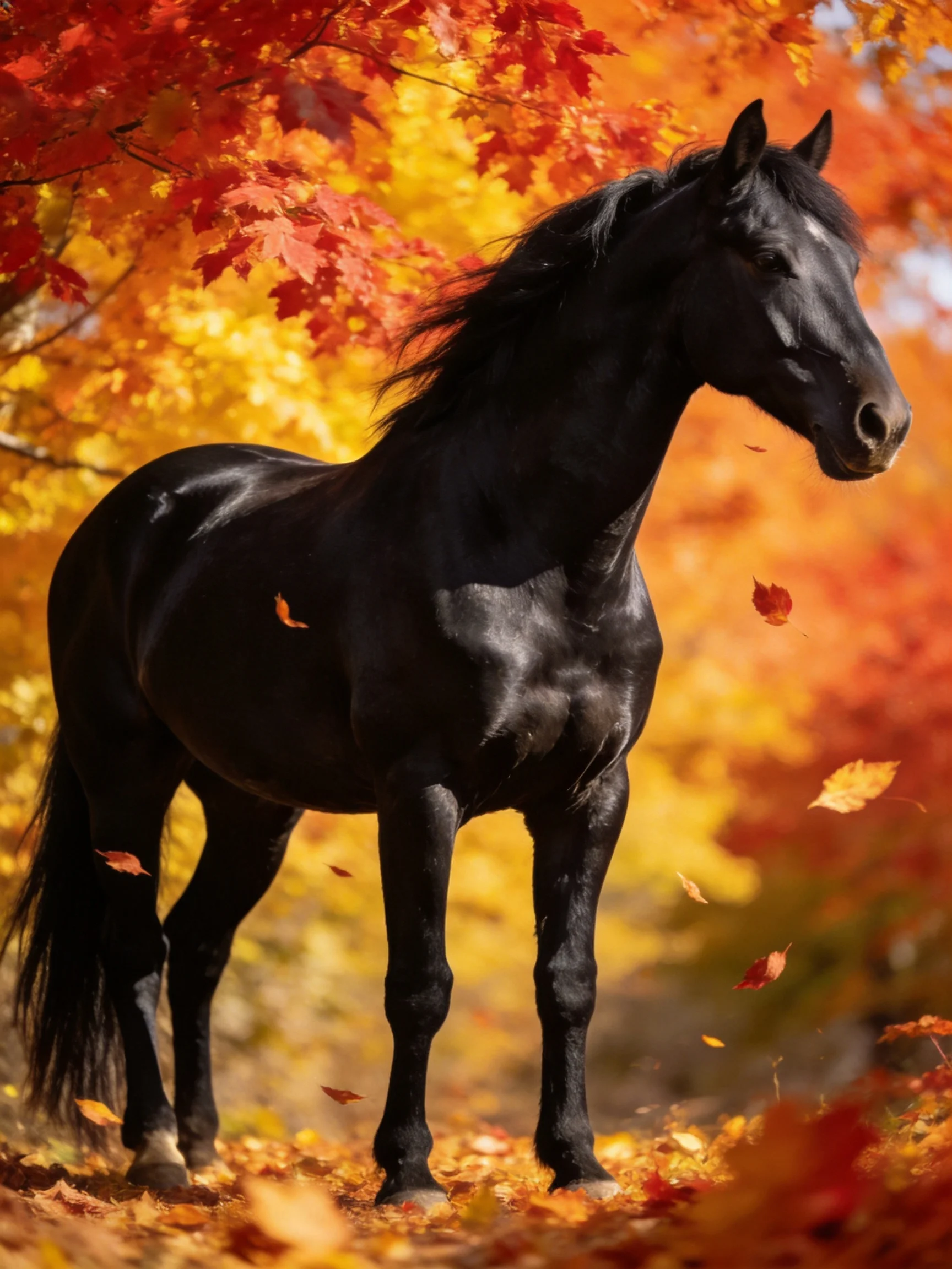 A majestic black horse amidst vibrant fall foliage with falling leaves