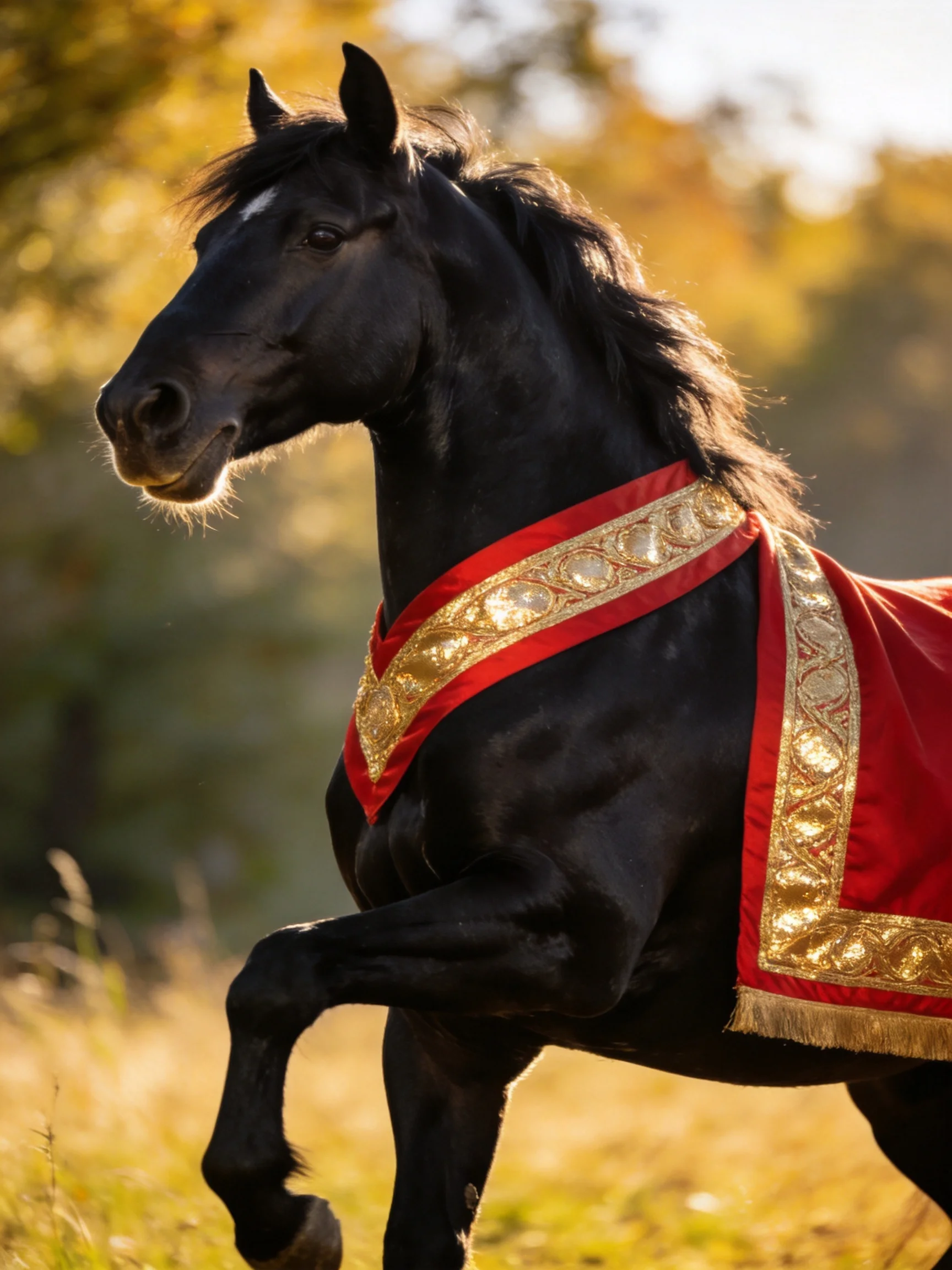A majestic black horse draped in red and gold ceremonial fabric amid golden foliage