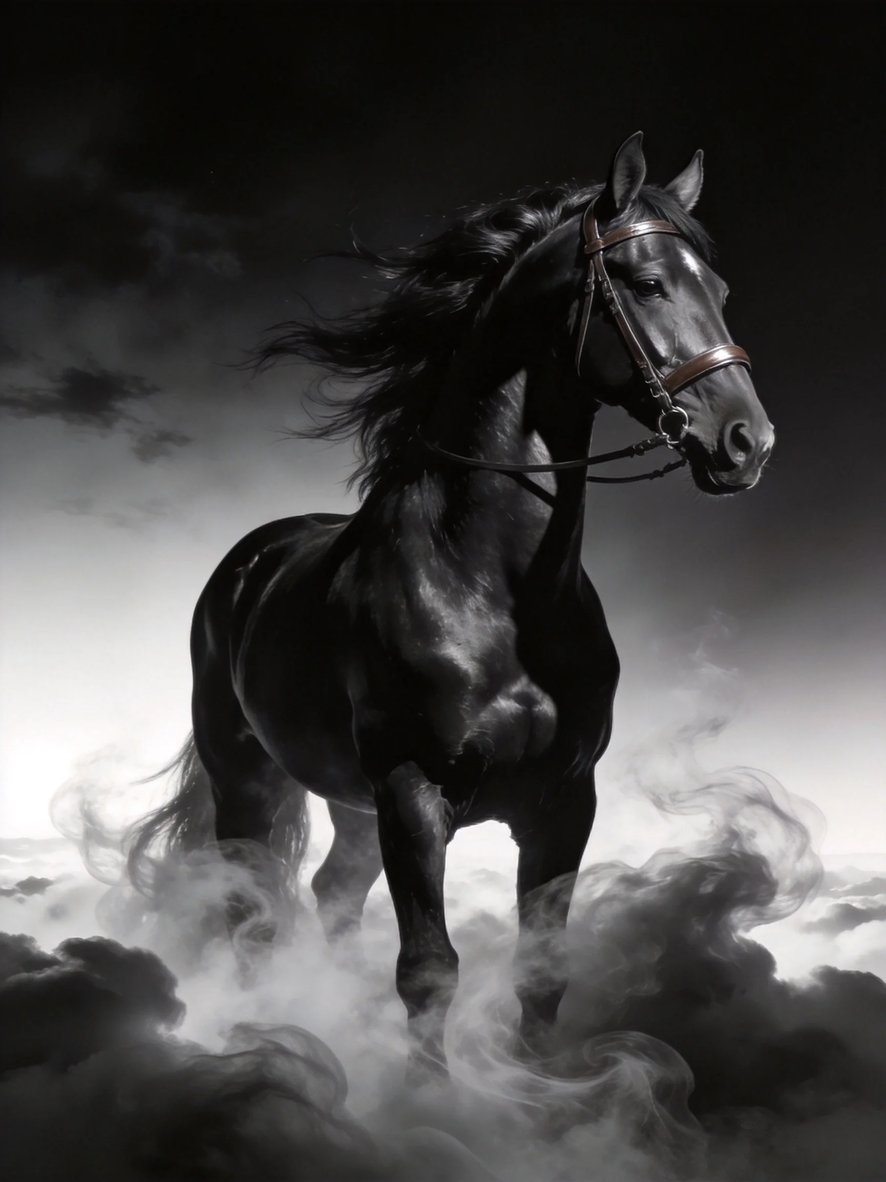 A majestic black horse emerging from swirling misty clouds