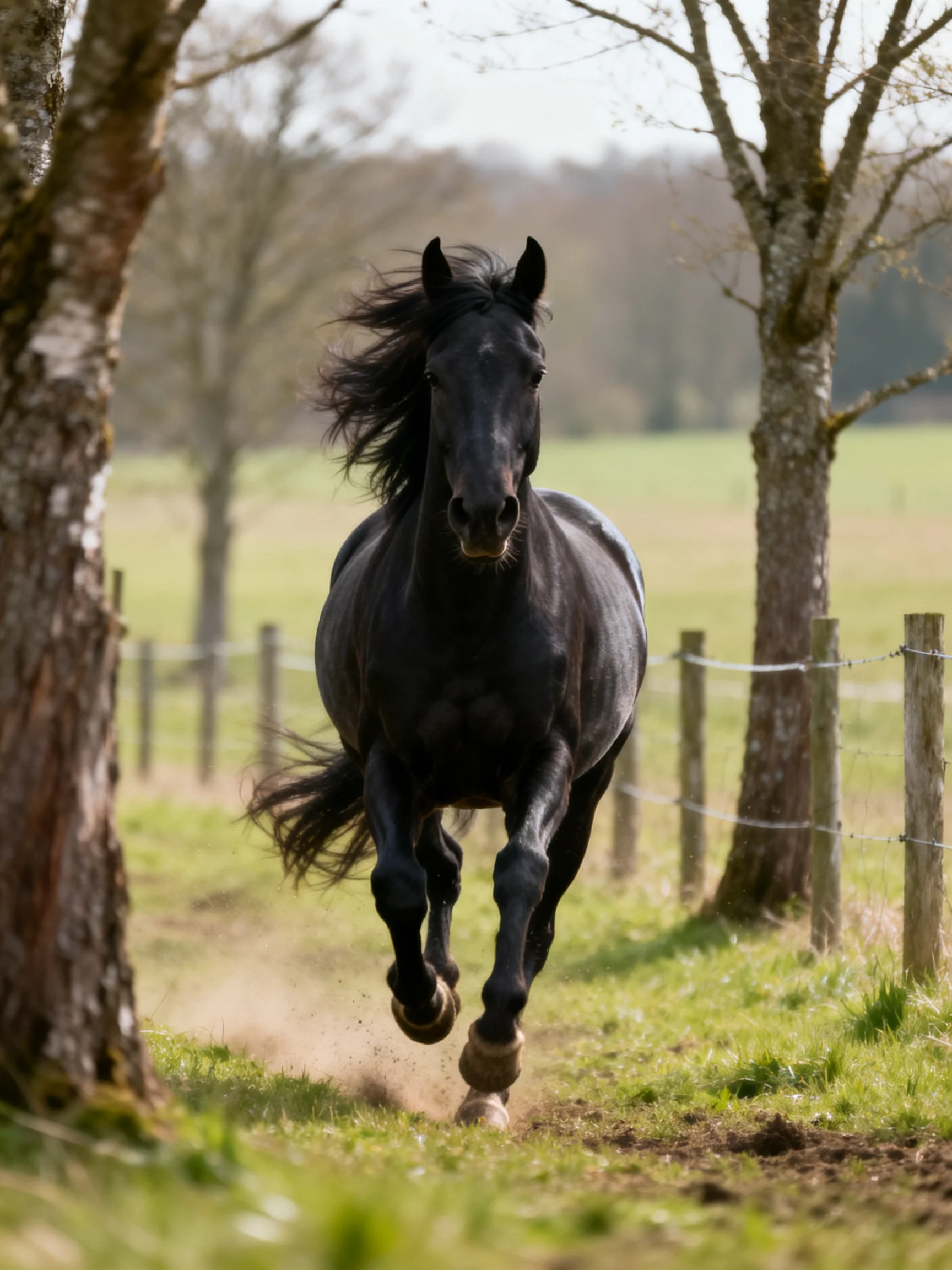 A majestic black horse galloping along a fenced path