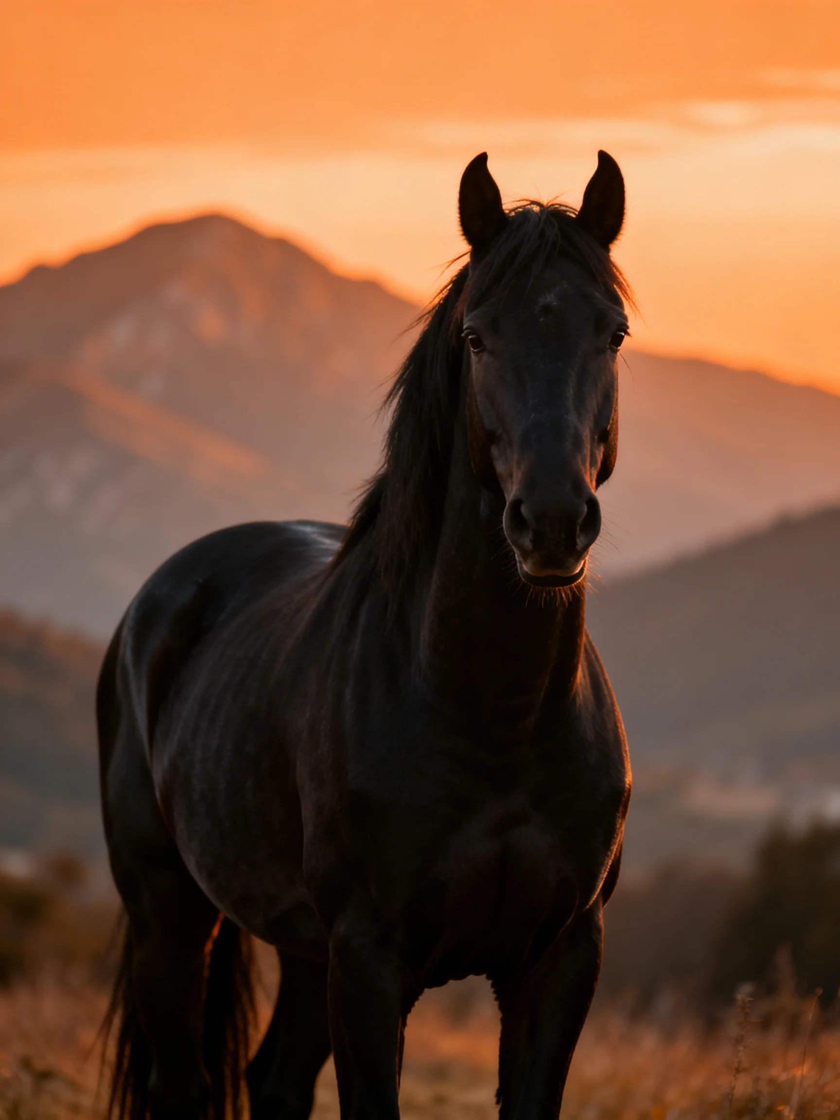 A black horse stands before a mountainous sunset landscape.