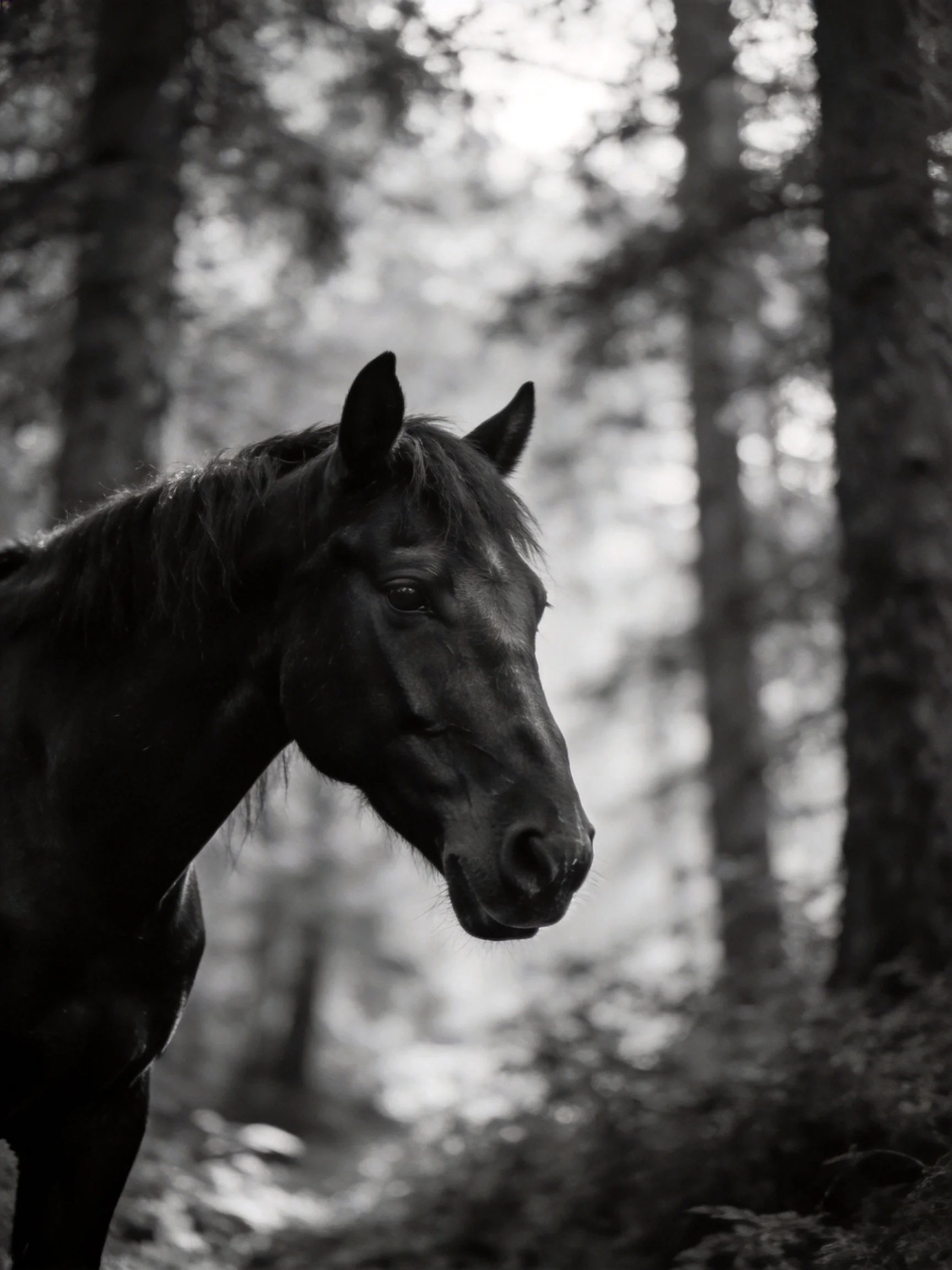 A black horse is depicted in profile againsta softly lit forest backdrop.