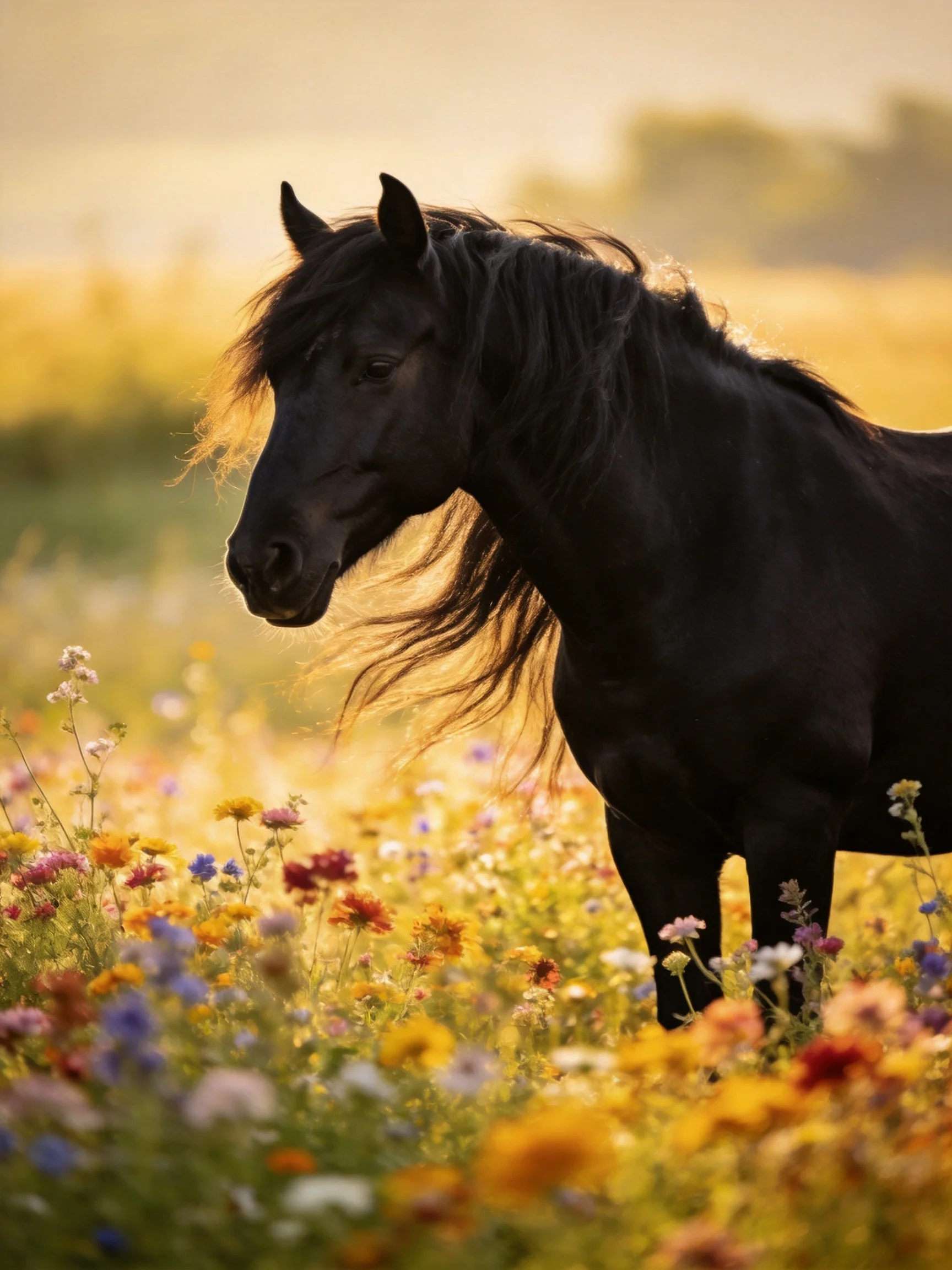 A black horse stands among wildflowers in a sunlit meadow.
