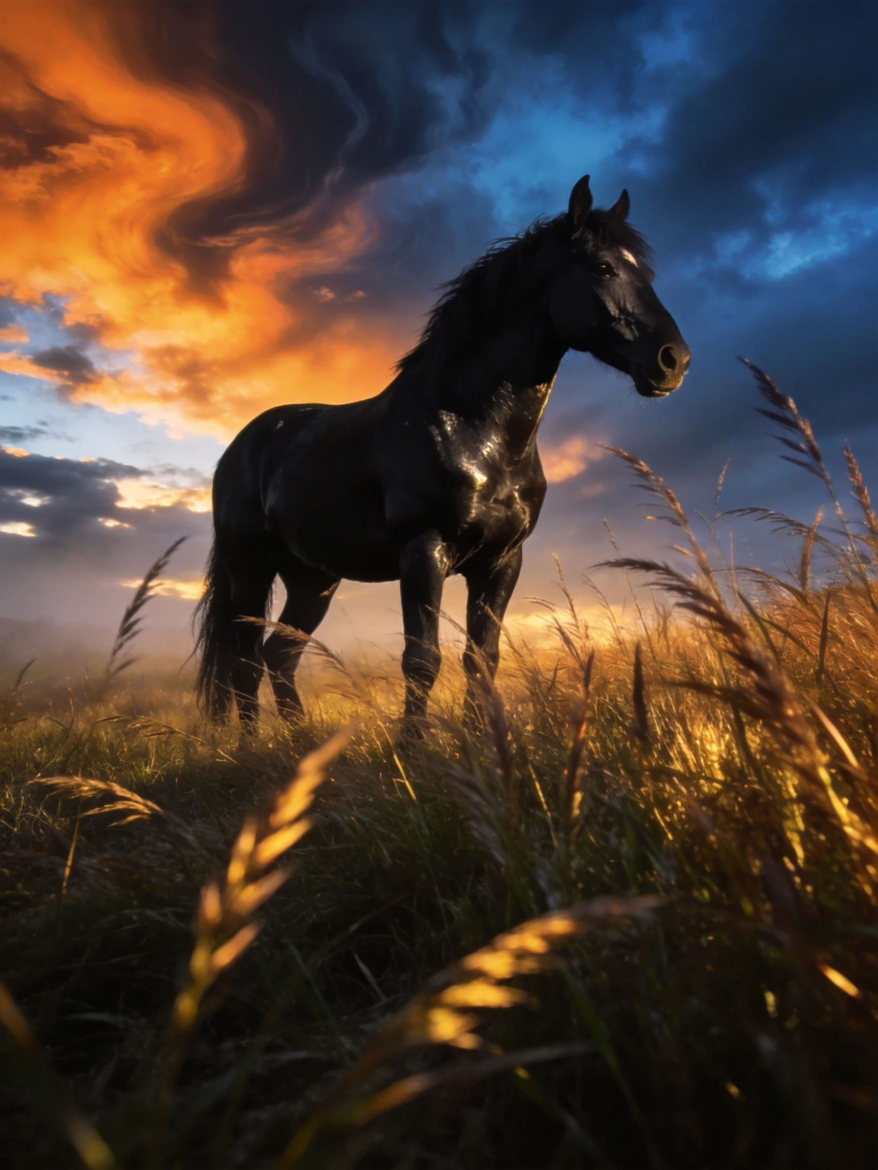 A majestic black horse stands in a golden field beneath a dramatic sunset sky