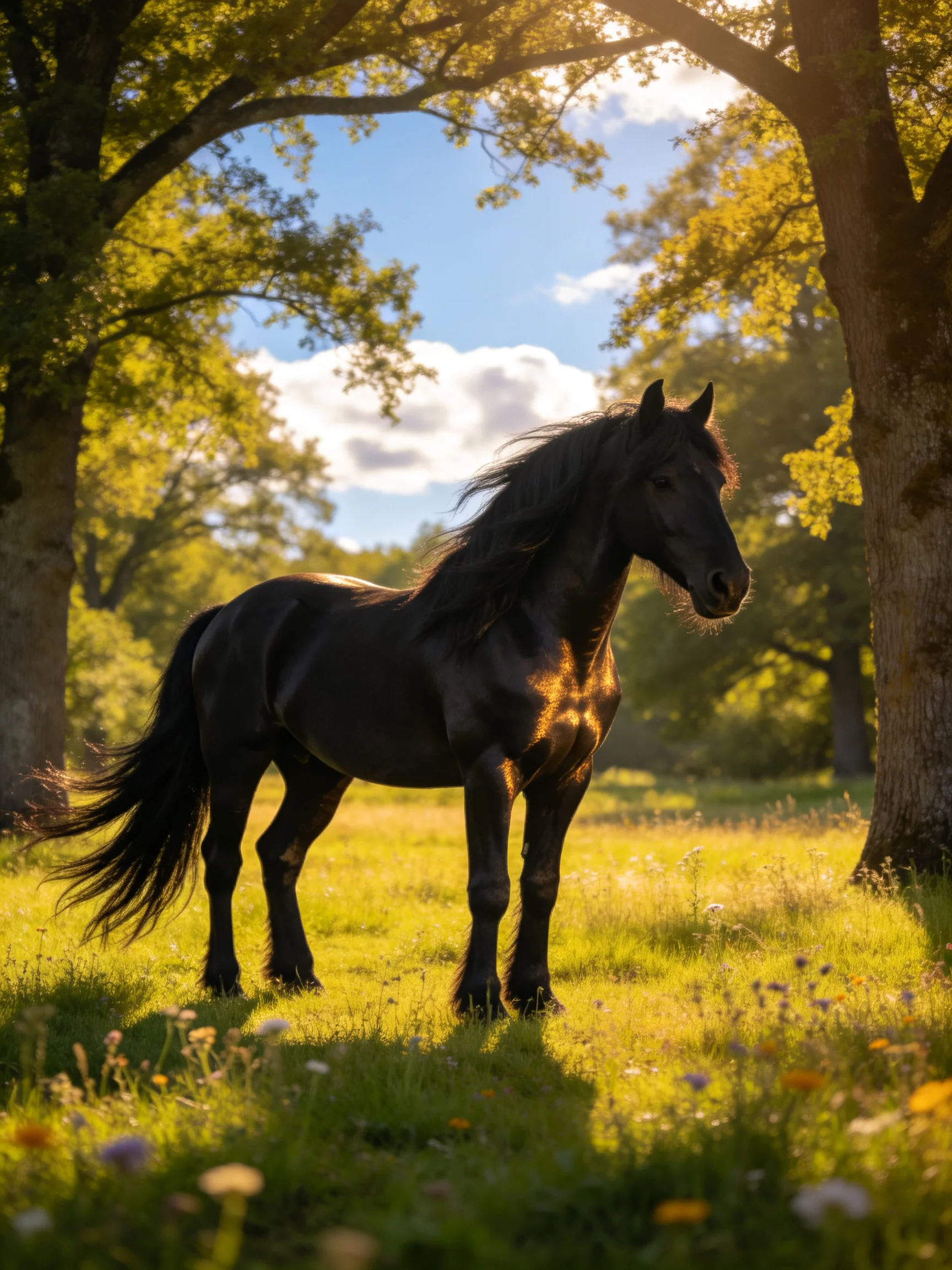 A black horse stands gracefully in a sun-drenched forest meadow.