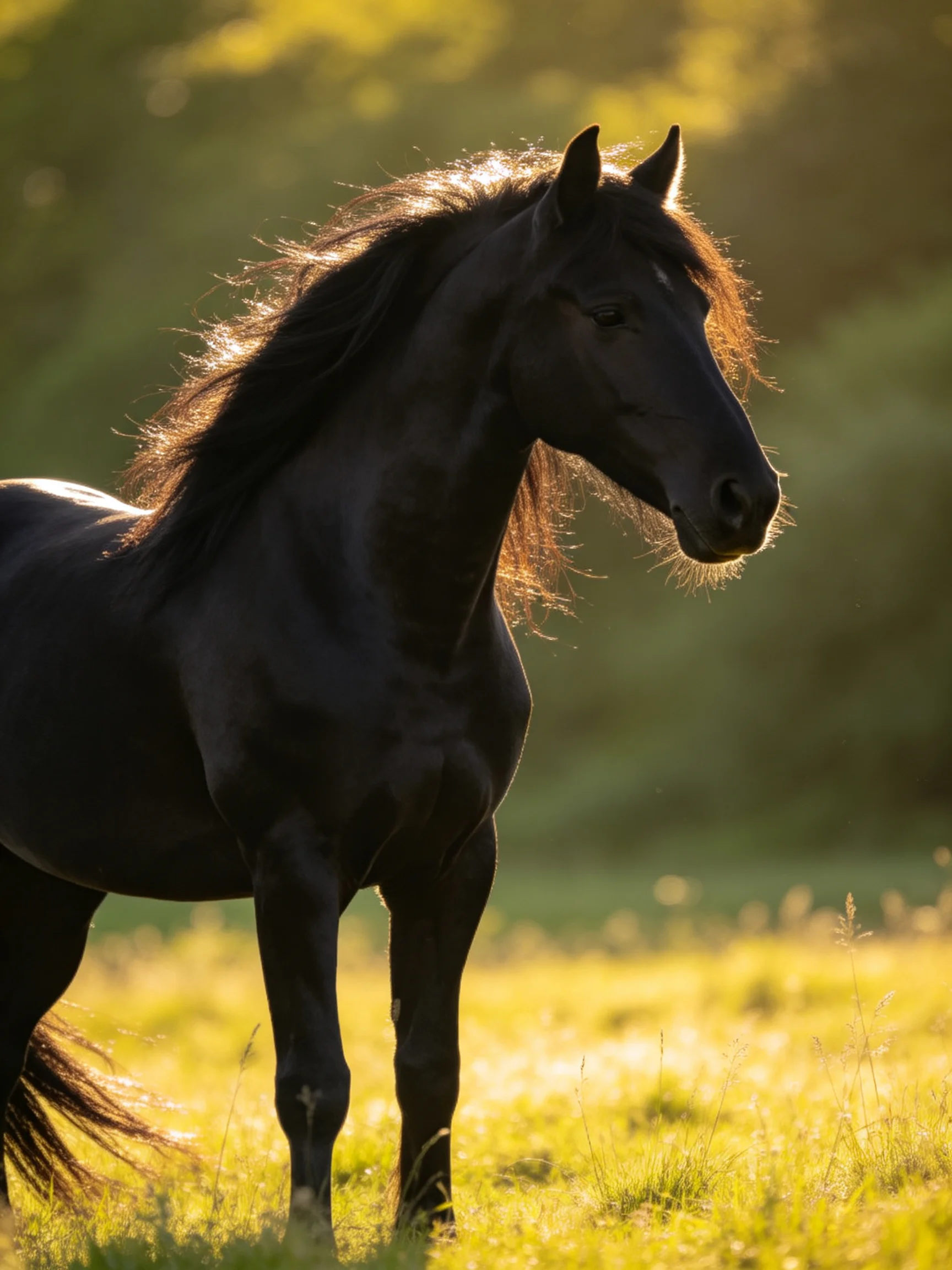 A black horse stands in a sunlit meadow.