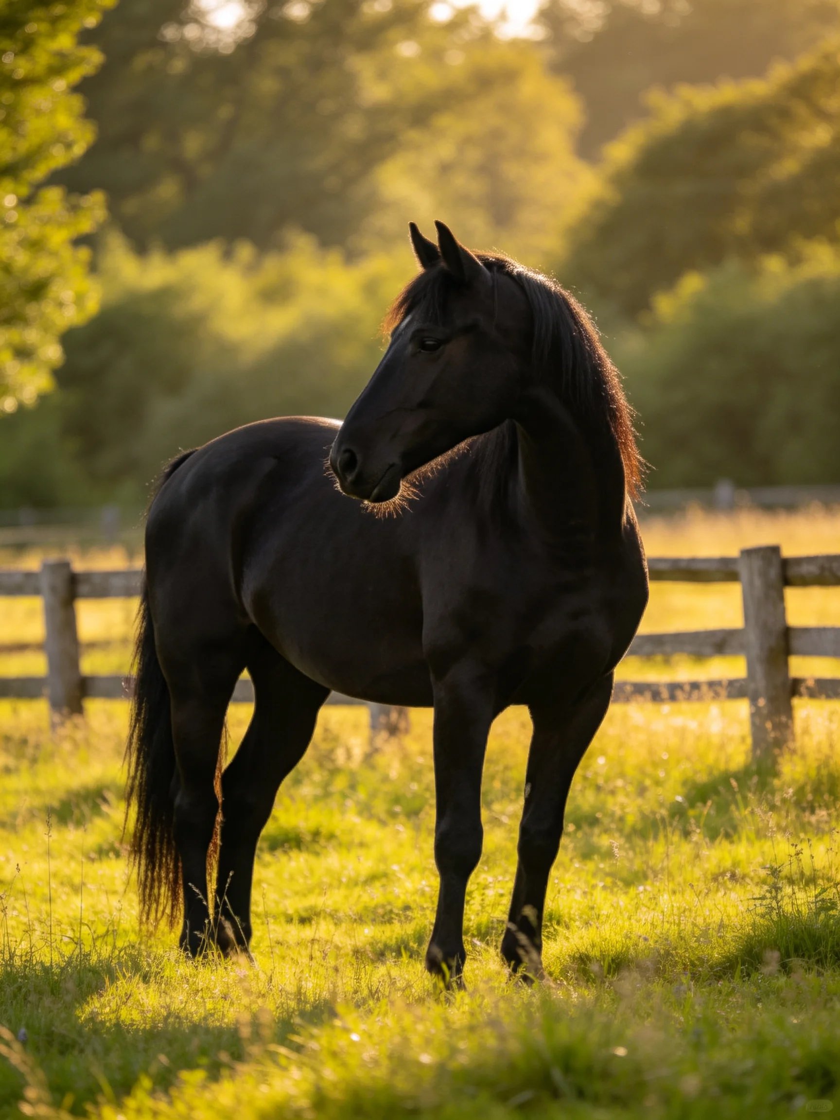 A black horse stands in a sunlit pasture near a wooden fence.