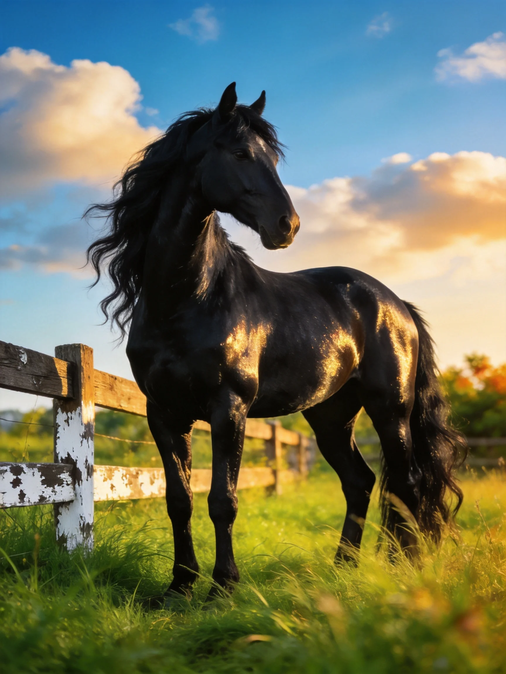 A black horse stands in a sunlit pasture near a wooden fence.