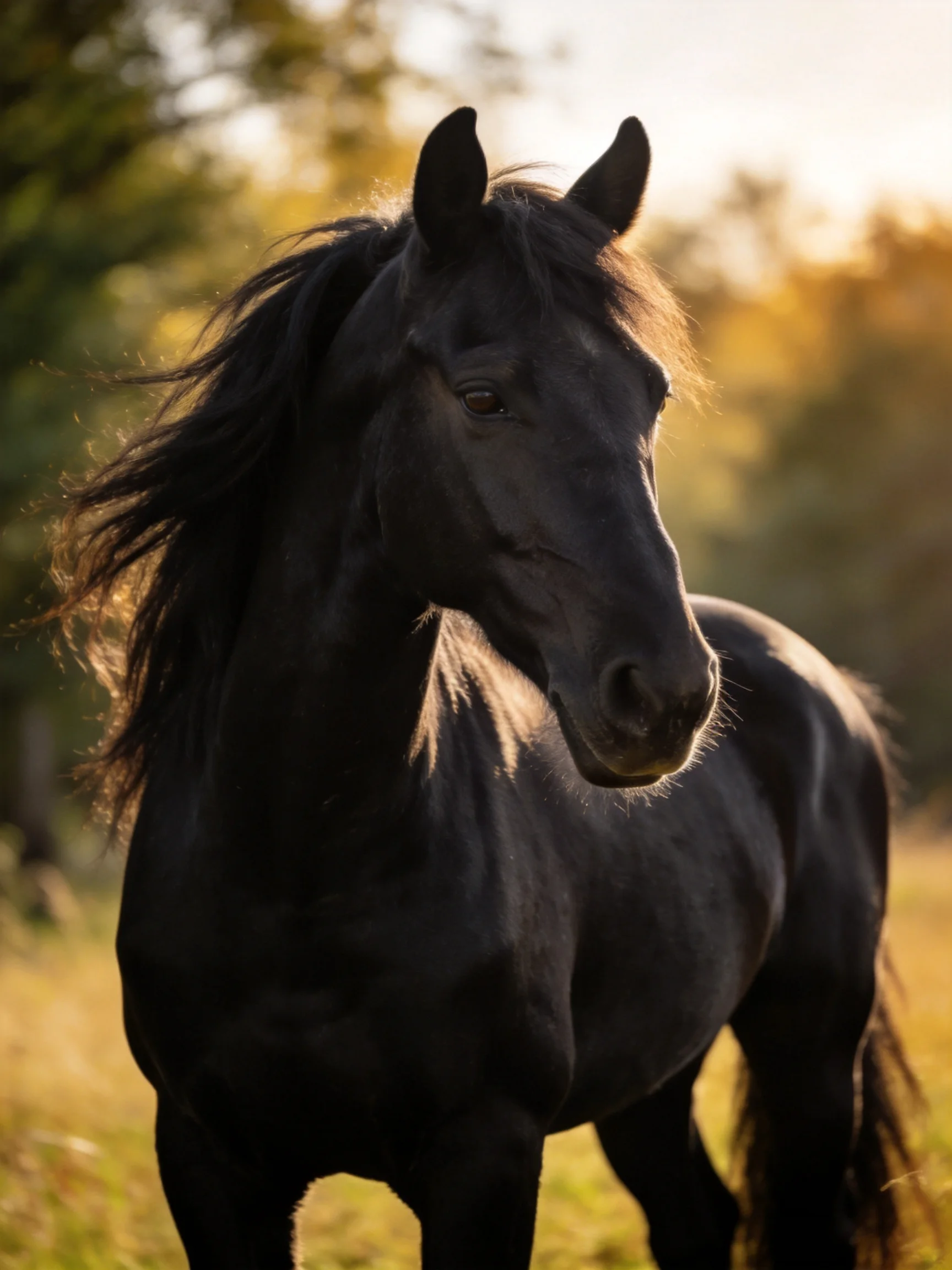 A black horse stands gracefully in a sunlit natural setting
