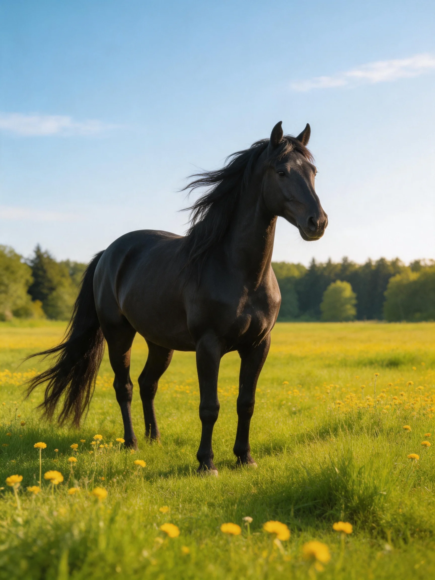 A majestic black horse stands in a vibrant green meadow with yellow wildflowers