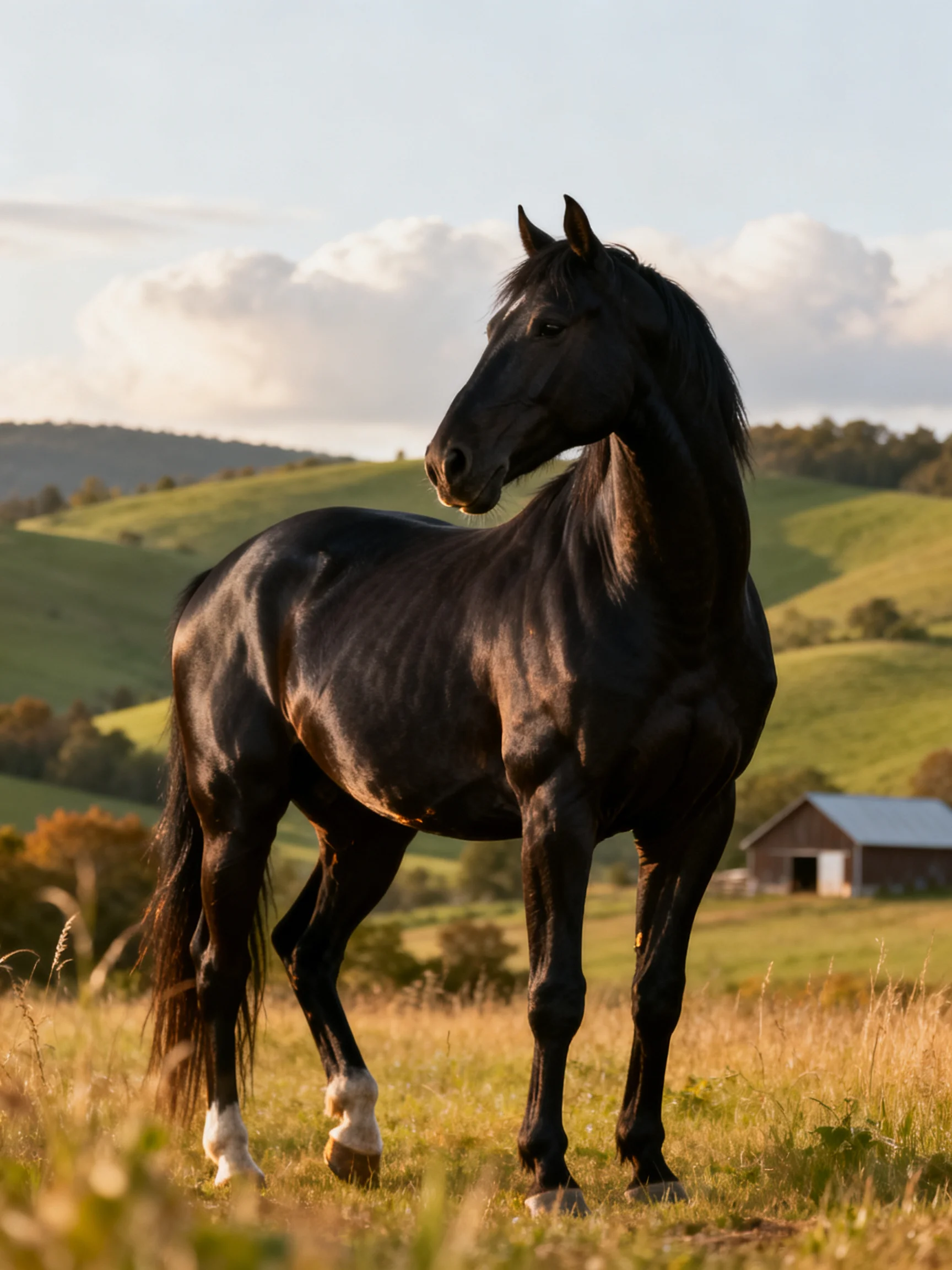 A black horse stands gracefully in a sunlit meadow with rolling green hills.