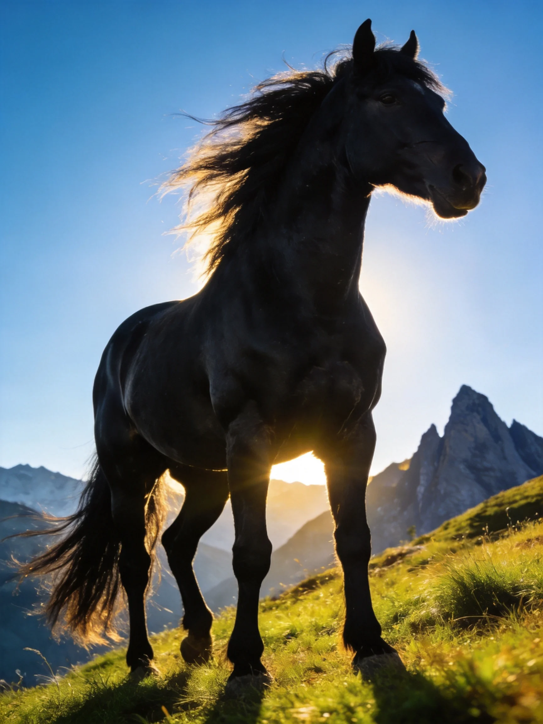 A black horse stands on a grassy hillside with mountainous backdrop.