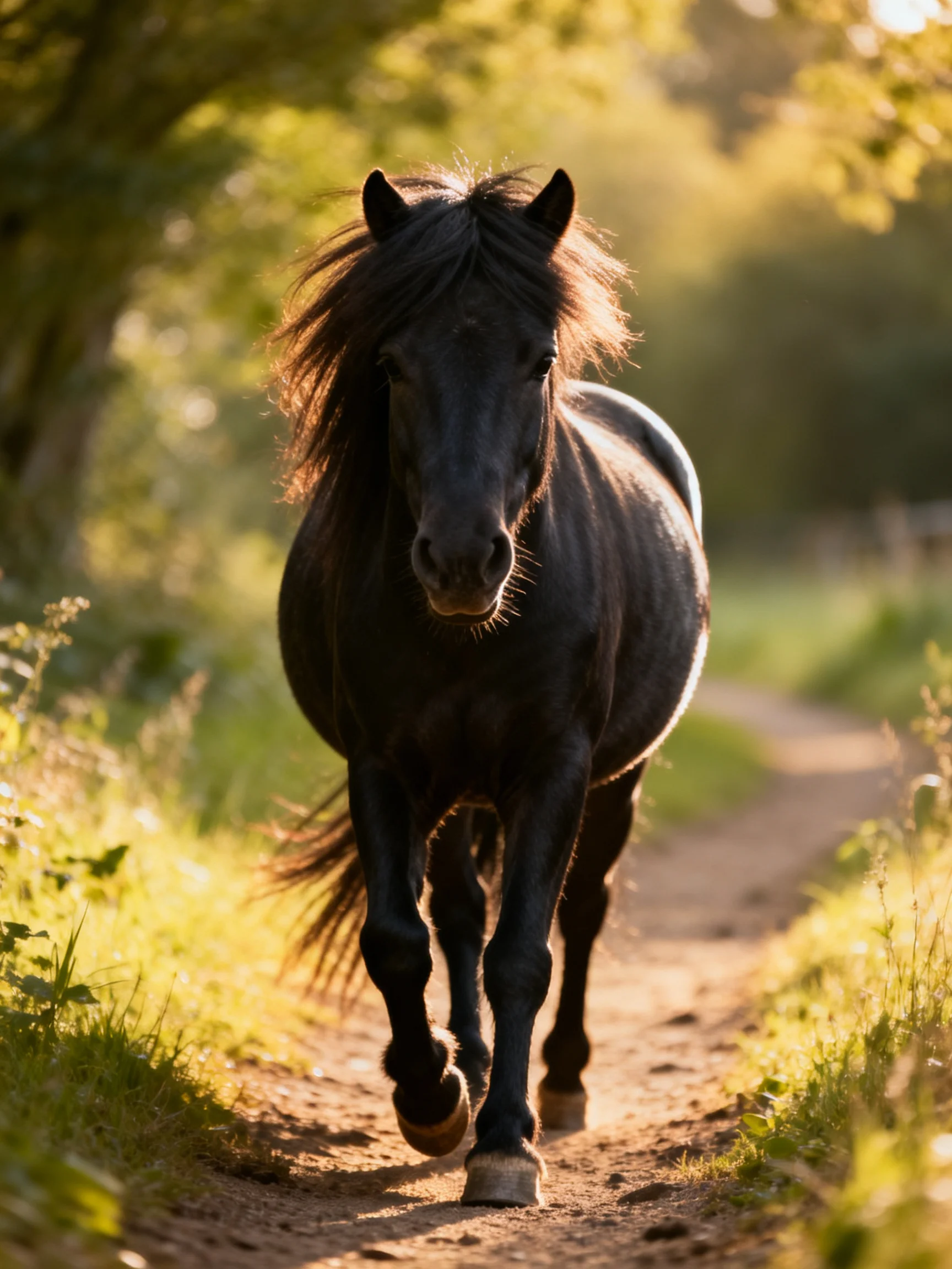 A majestic black horse trotting along a sunlit dirt path