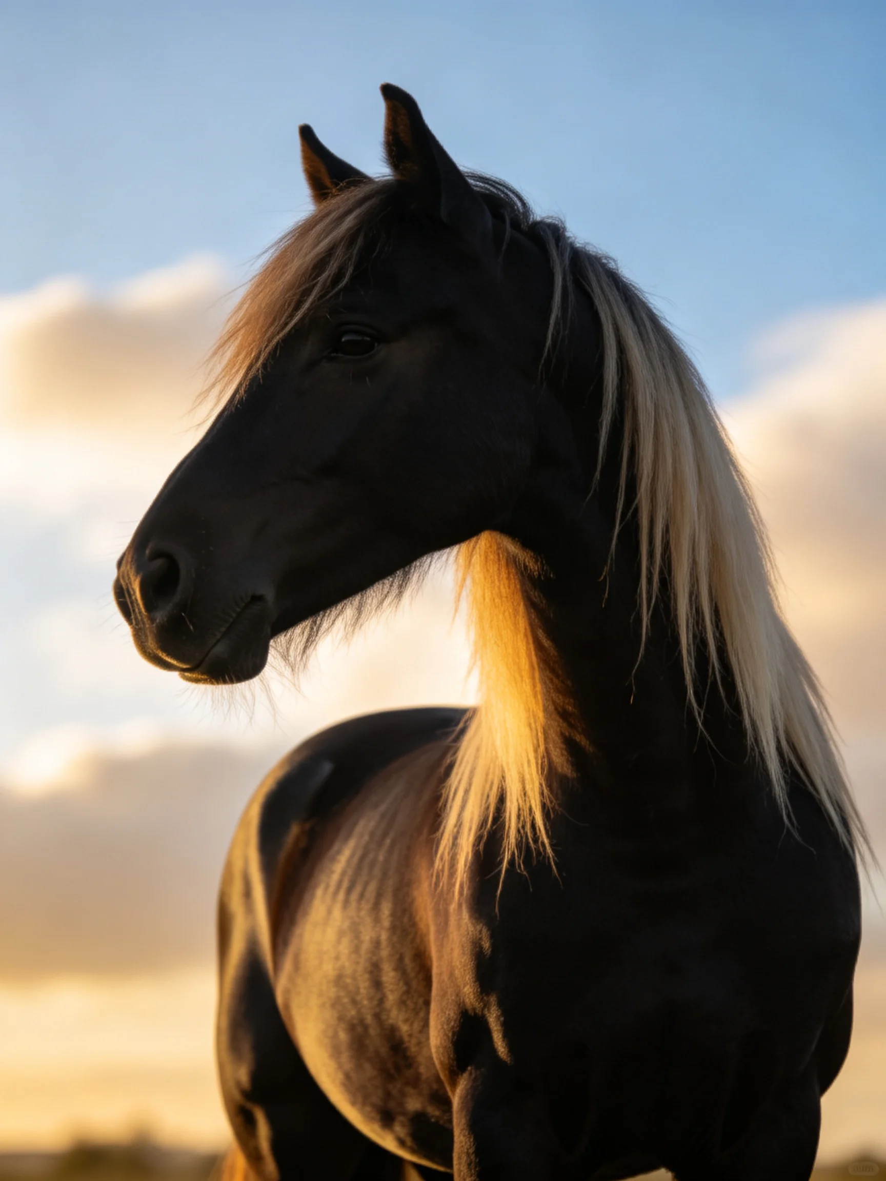 A majestic black horse with a long blonde mane under a cloudy sky
