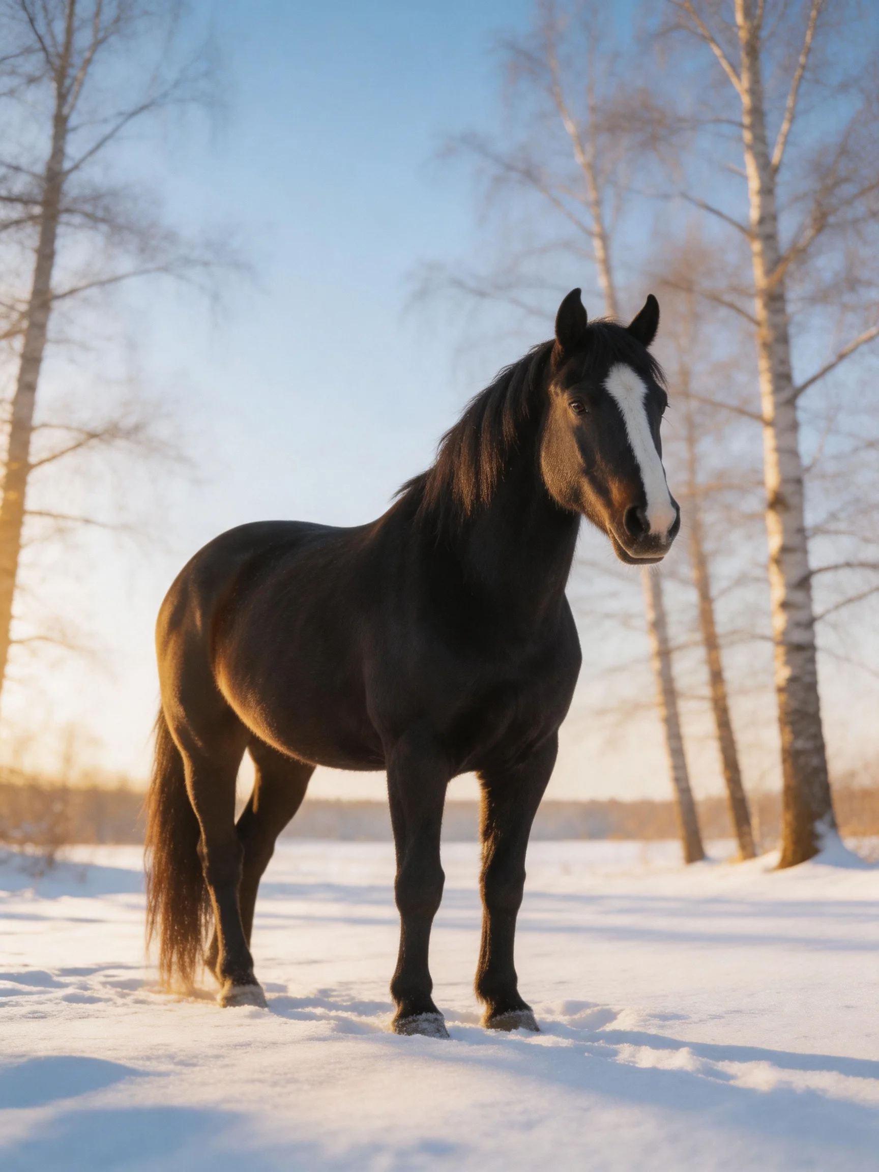 A black horse with a white blaze stands in a snow - covered area near bare trees.