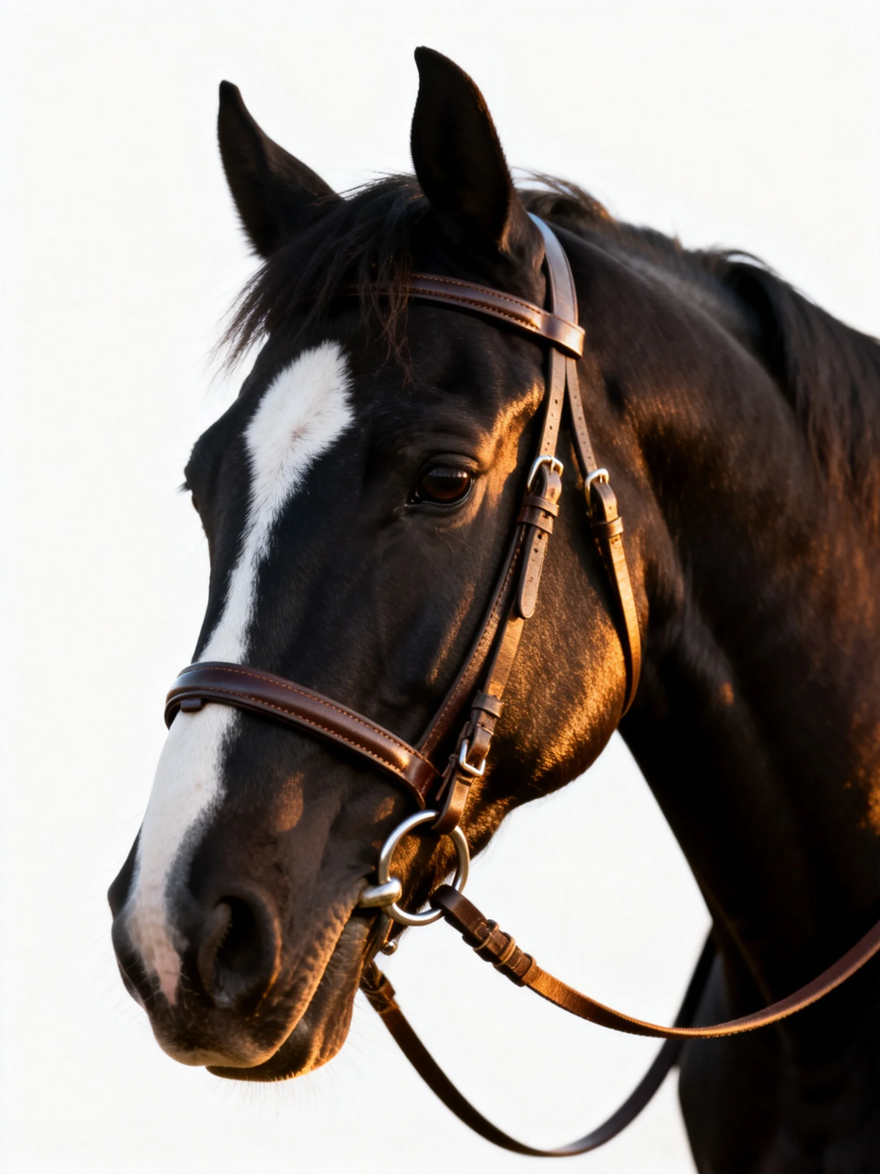 A black horse with a white facial marking wears a brown bridle.