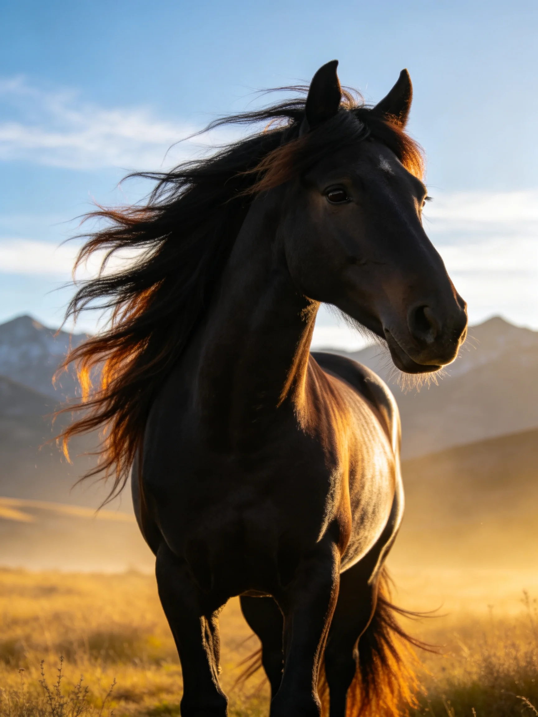 A black horse stands in a sunlit field with distant mountains