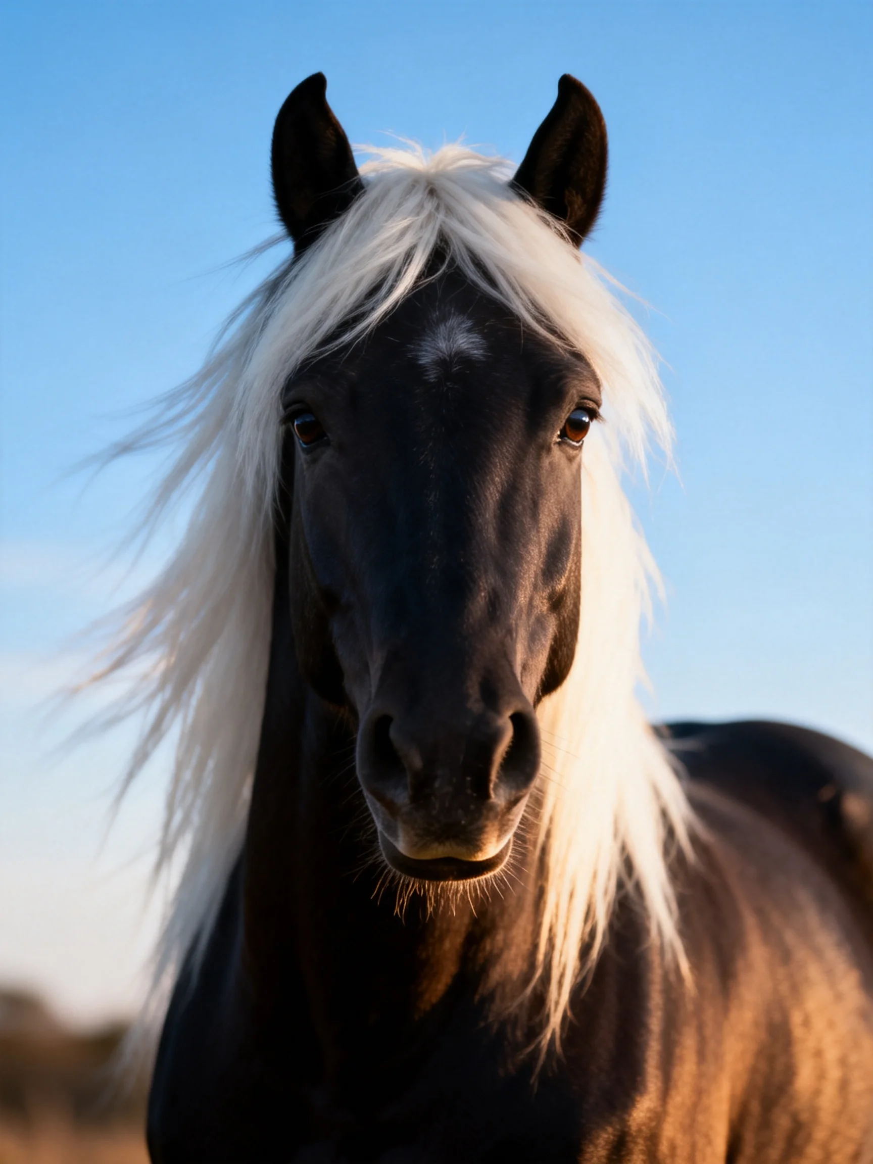 A majestic black horse with long white mane under clear blue sky