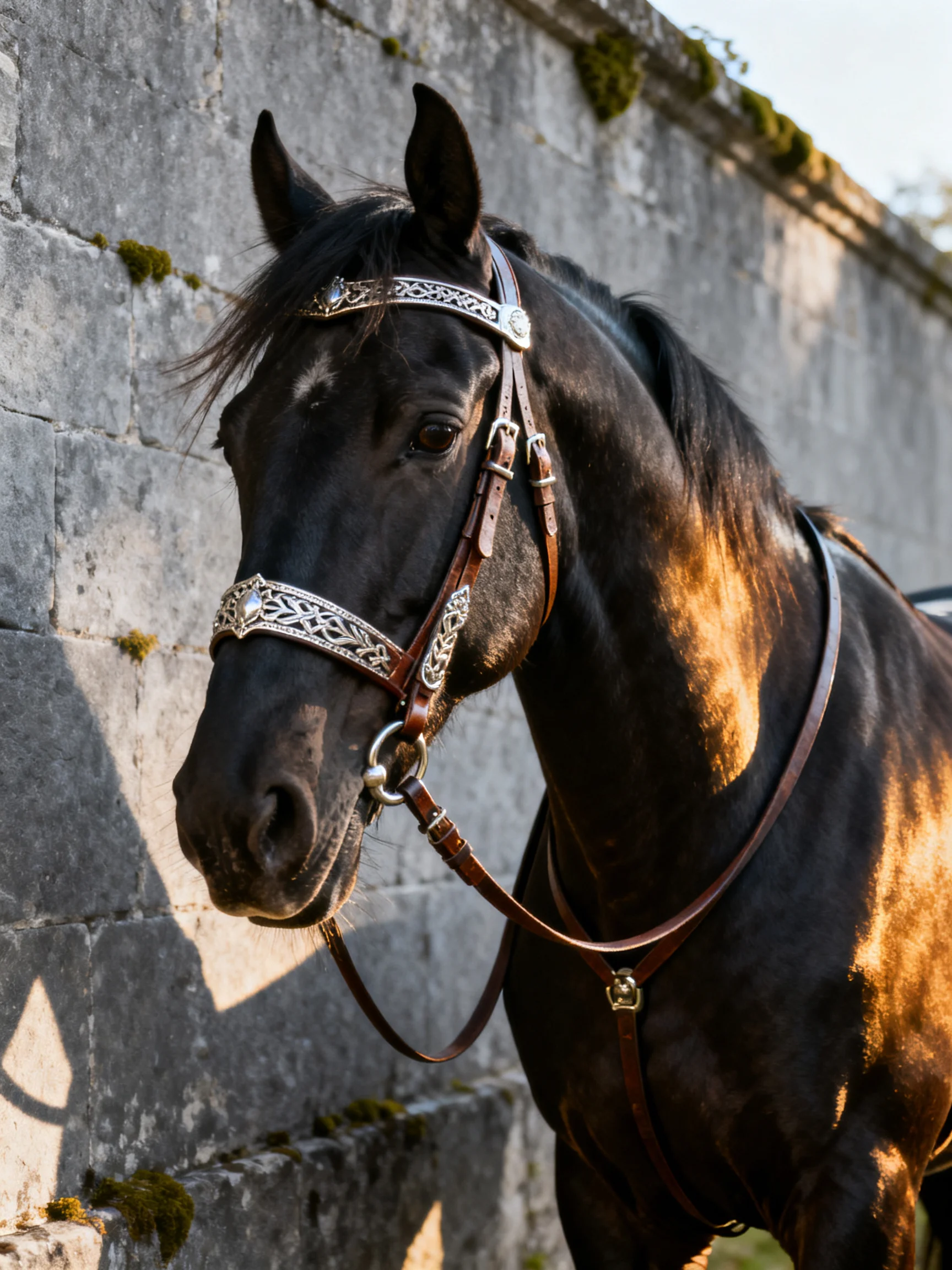 A majestic black horse with ornate silver bridle near mossy stone wall