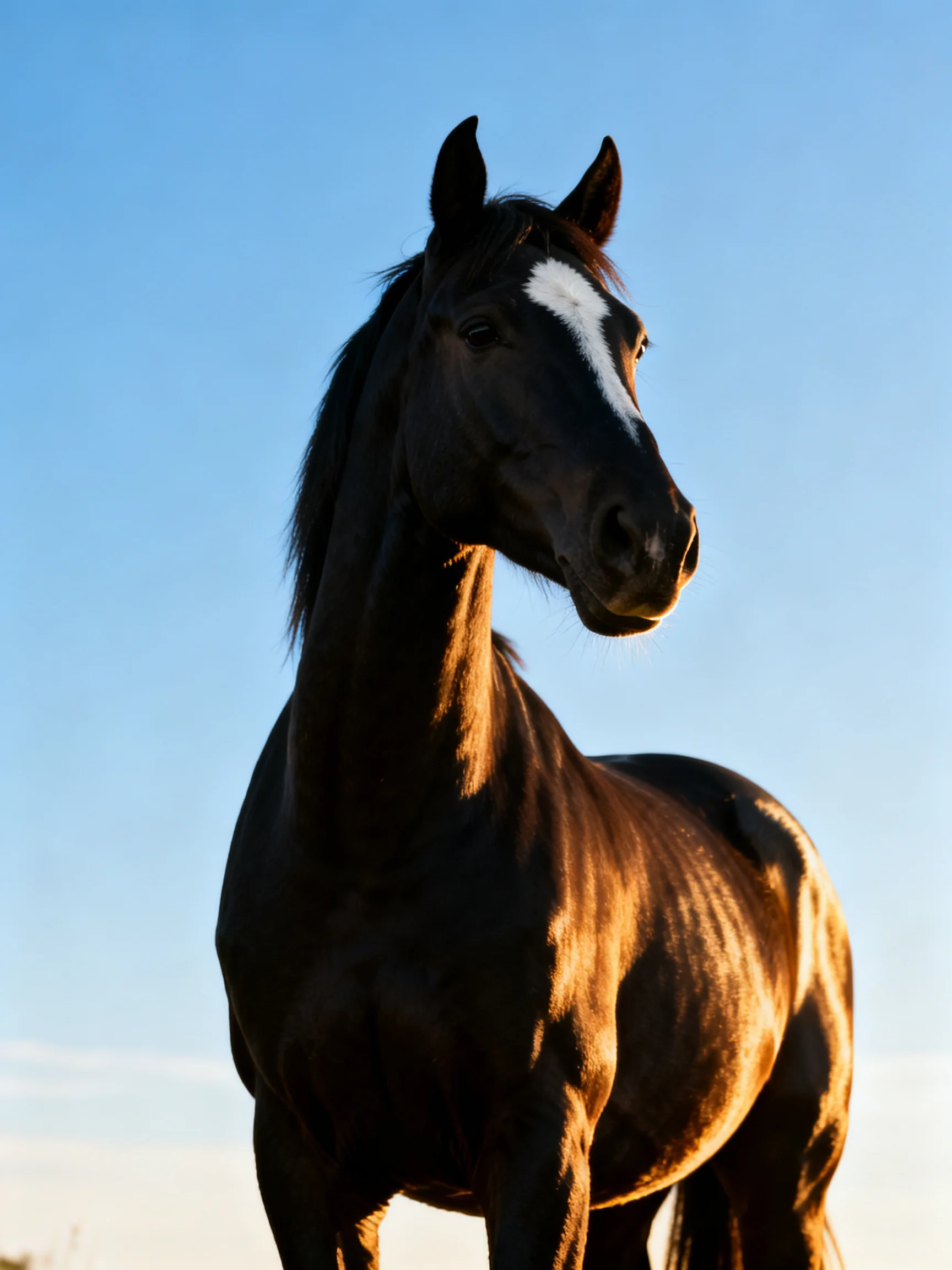 A black horse with a white facial marking stands outdoors under a clear blue sky.