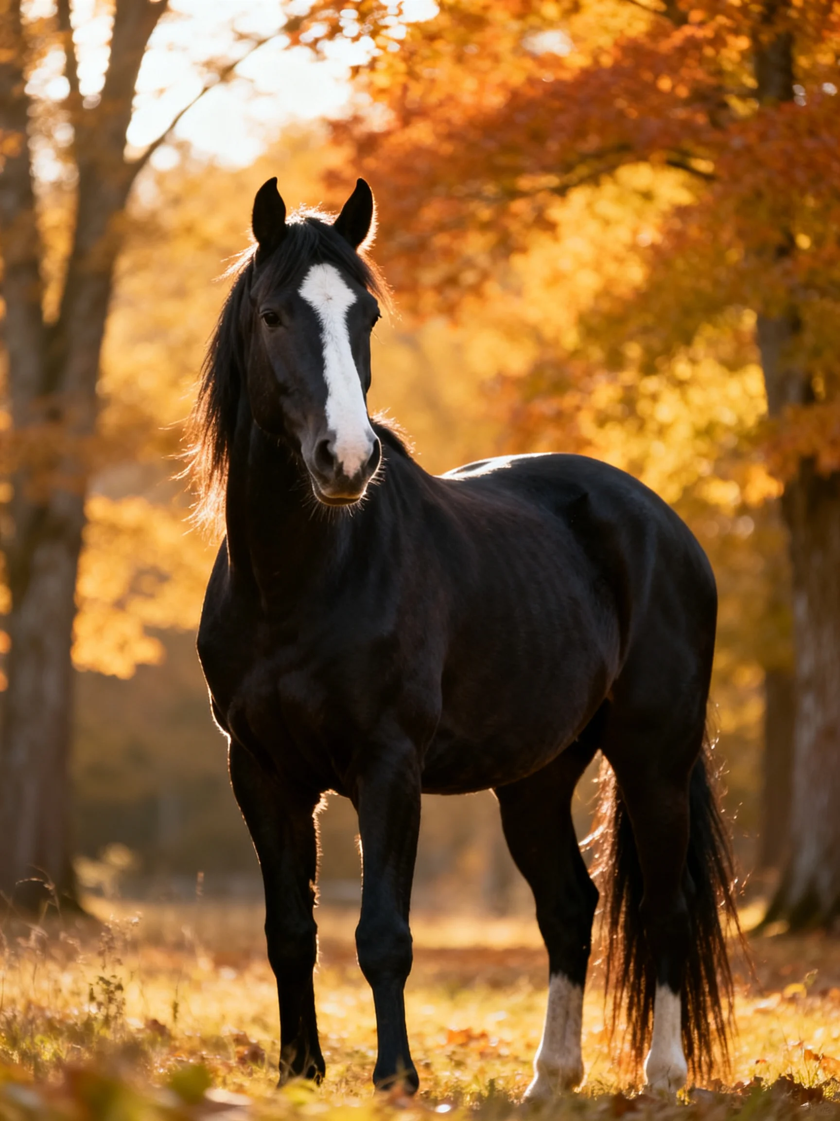 A black horse with a white blaze stands in a sunlit autumn forest.