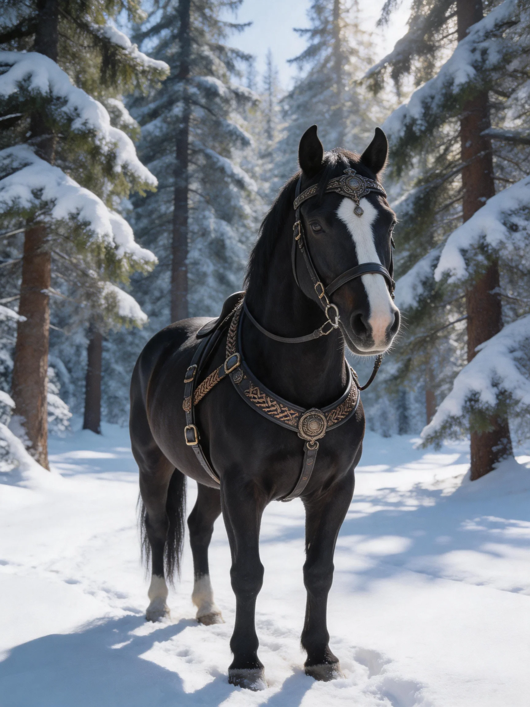 A black horse with a white facial marking stands in a snowy forest with evergreen trees.