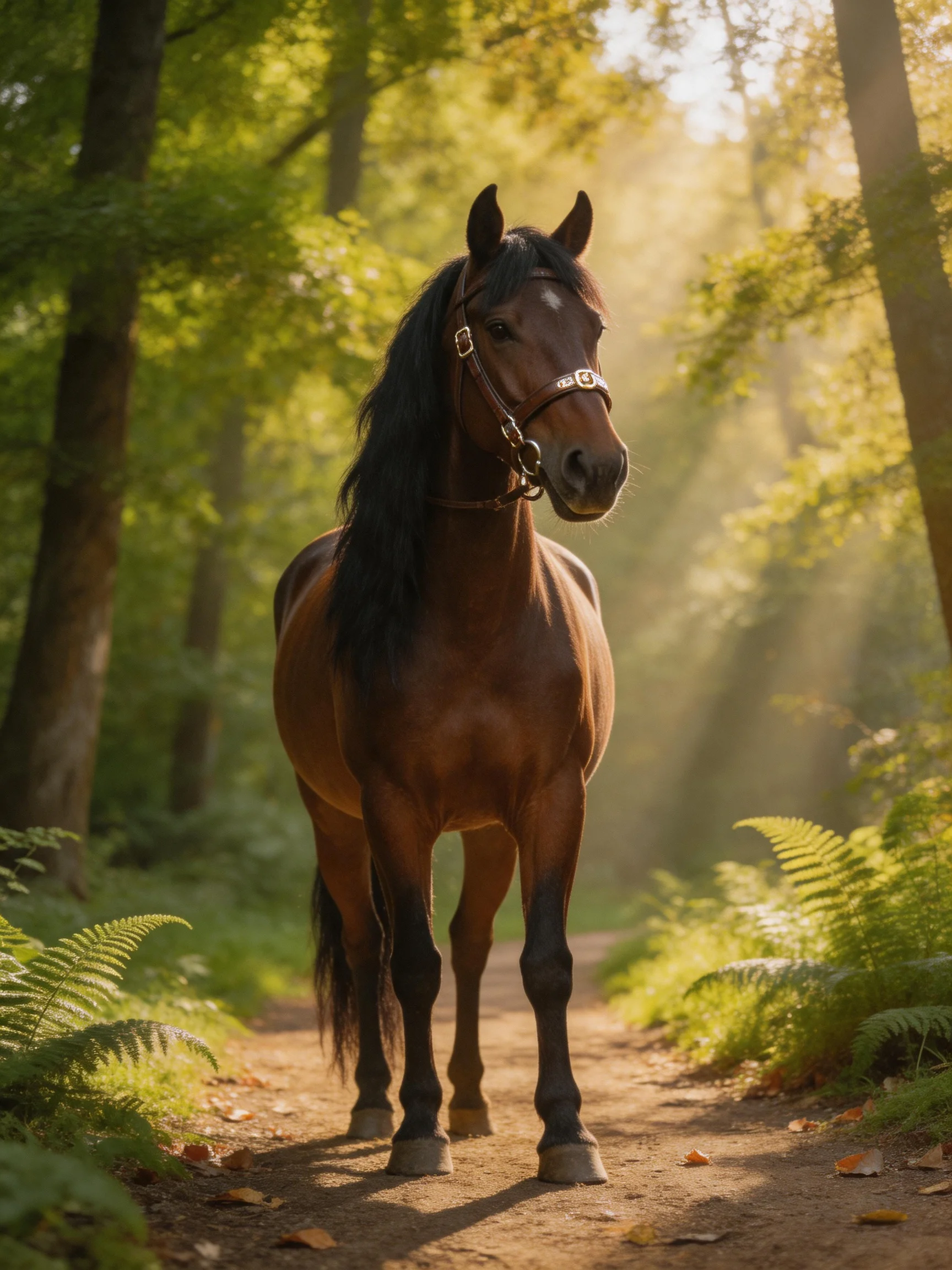 A brown horse stands on a sun-dappled forest trail surrounded by greenery.