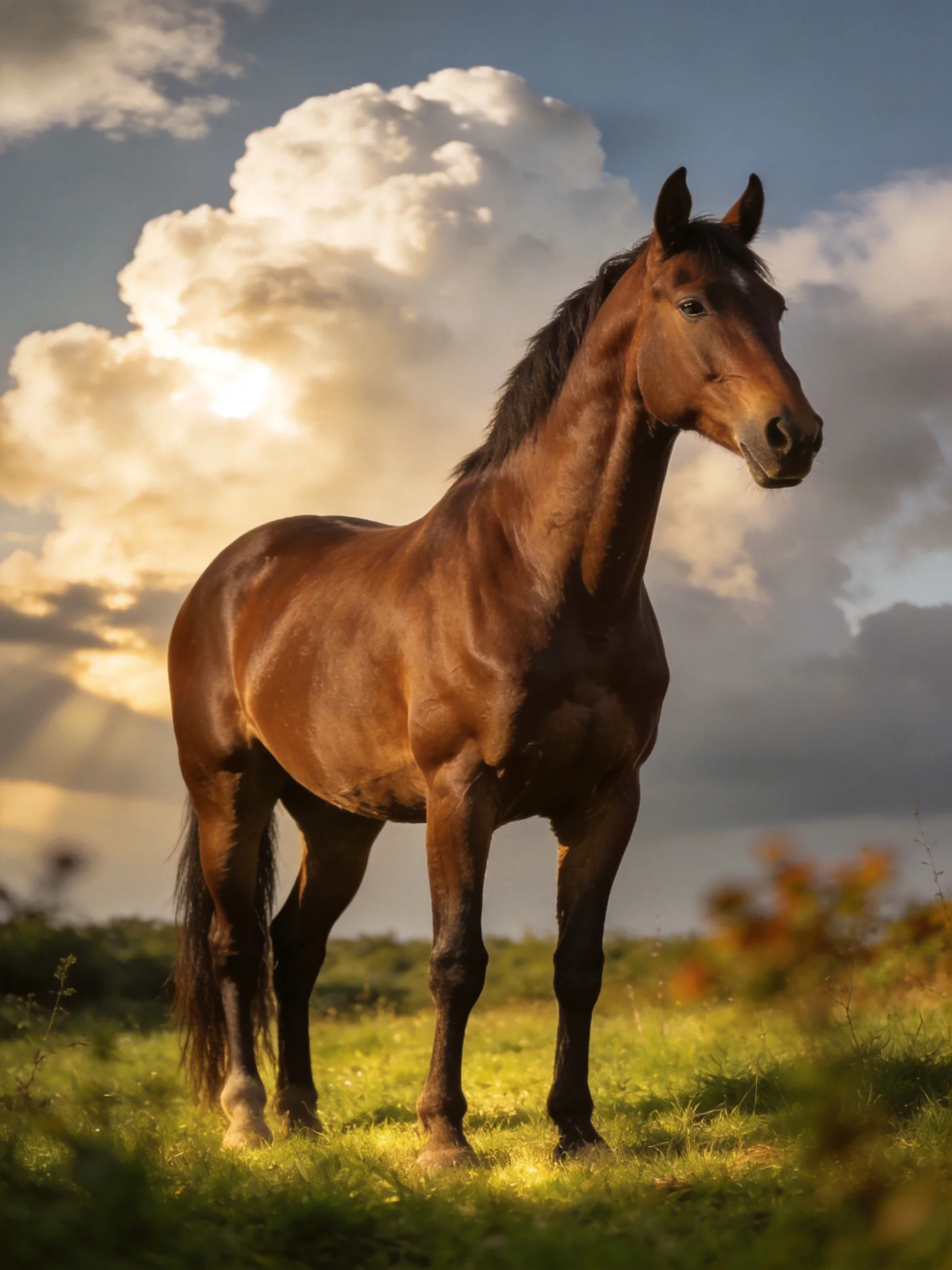 A brown horse stands calmly in a sunlit meadow beneath large, dramatic clouds.