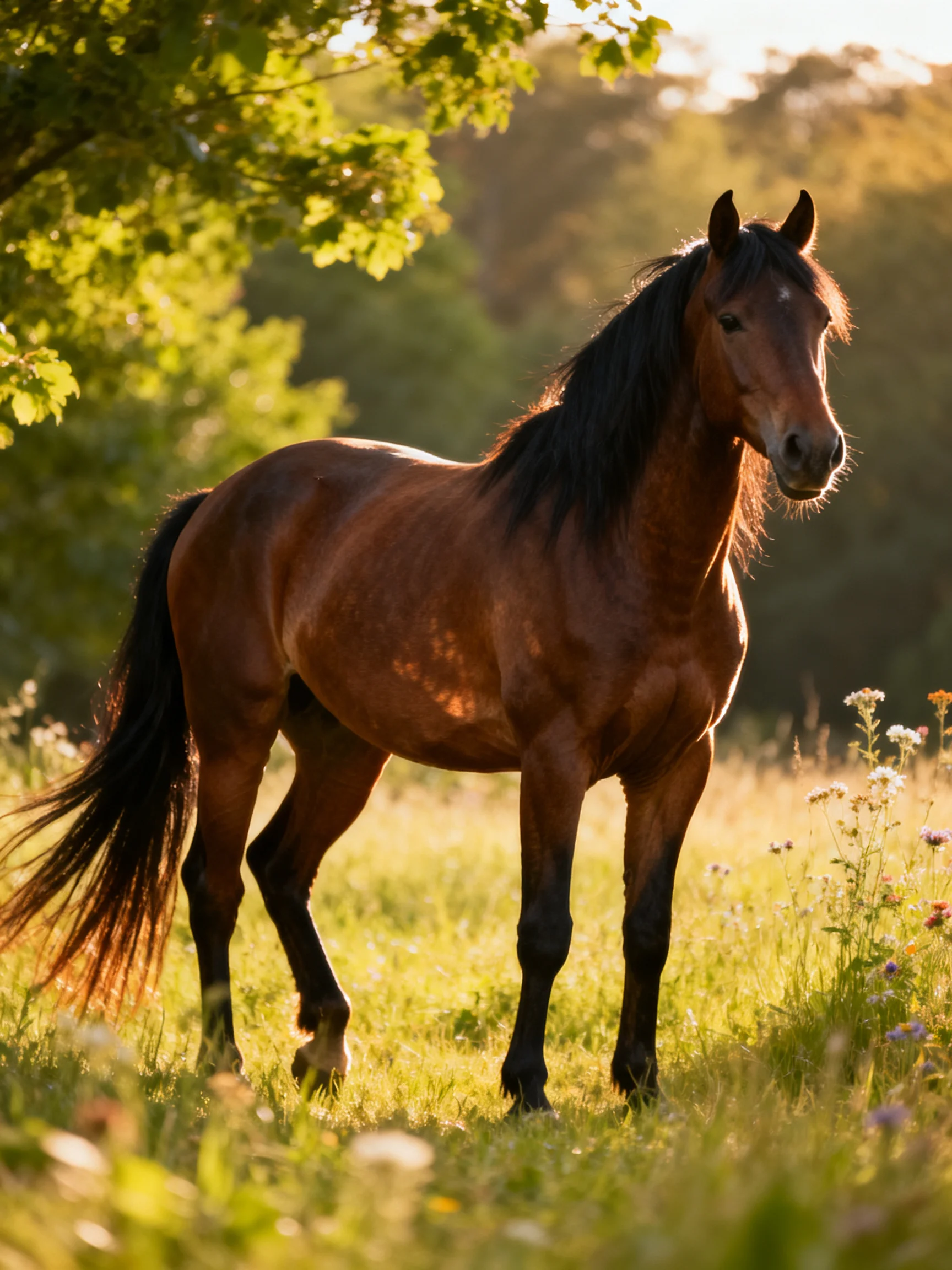 A brown horse stands calmly in a sun-drenched meadow surrounded by greenery.
