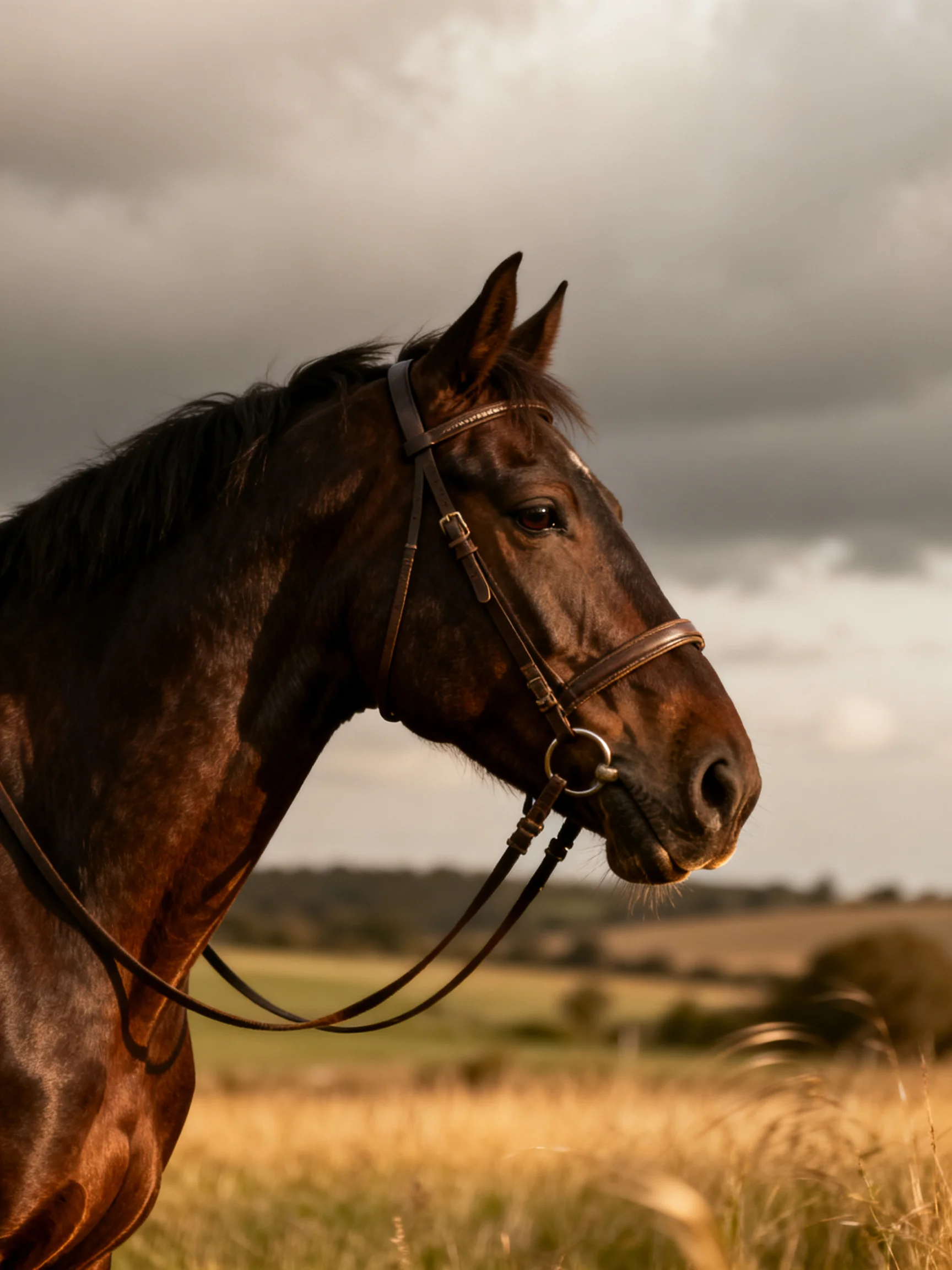 A majestic brown horse with bridle in a golden field under overcast skies