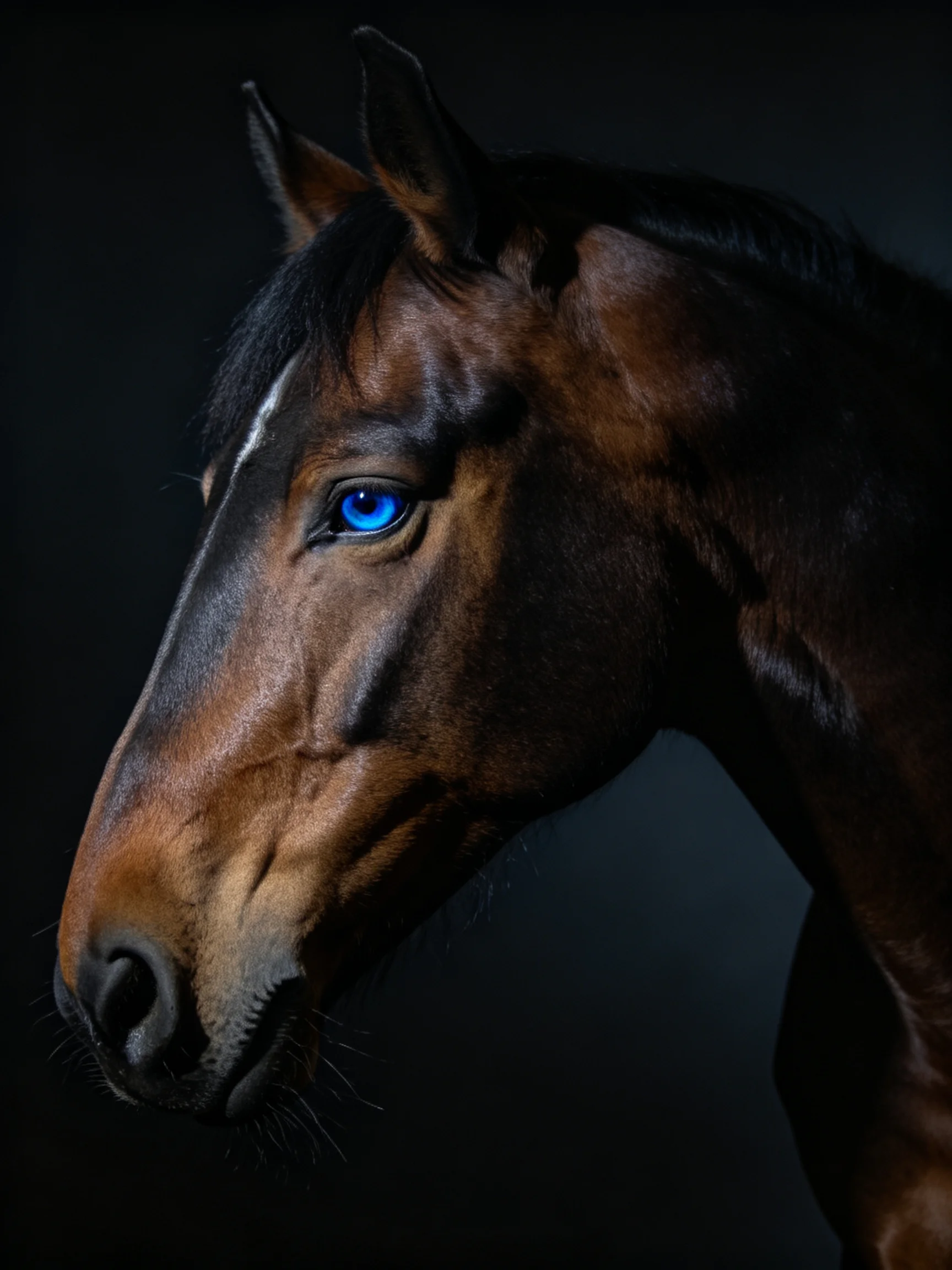 A majestic brown horse with striking blue eyes against a dark backdrop