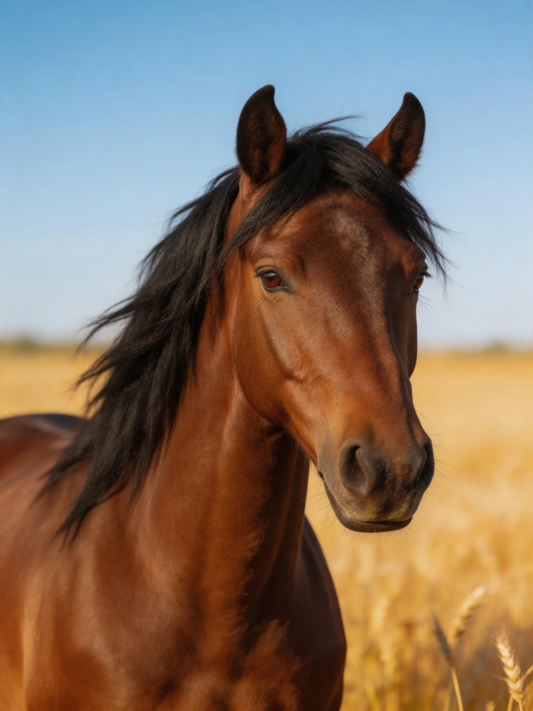 A chestnut horse with a dark mane is shown in a sunlit golden field.