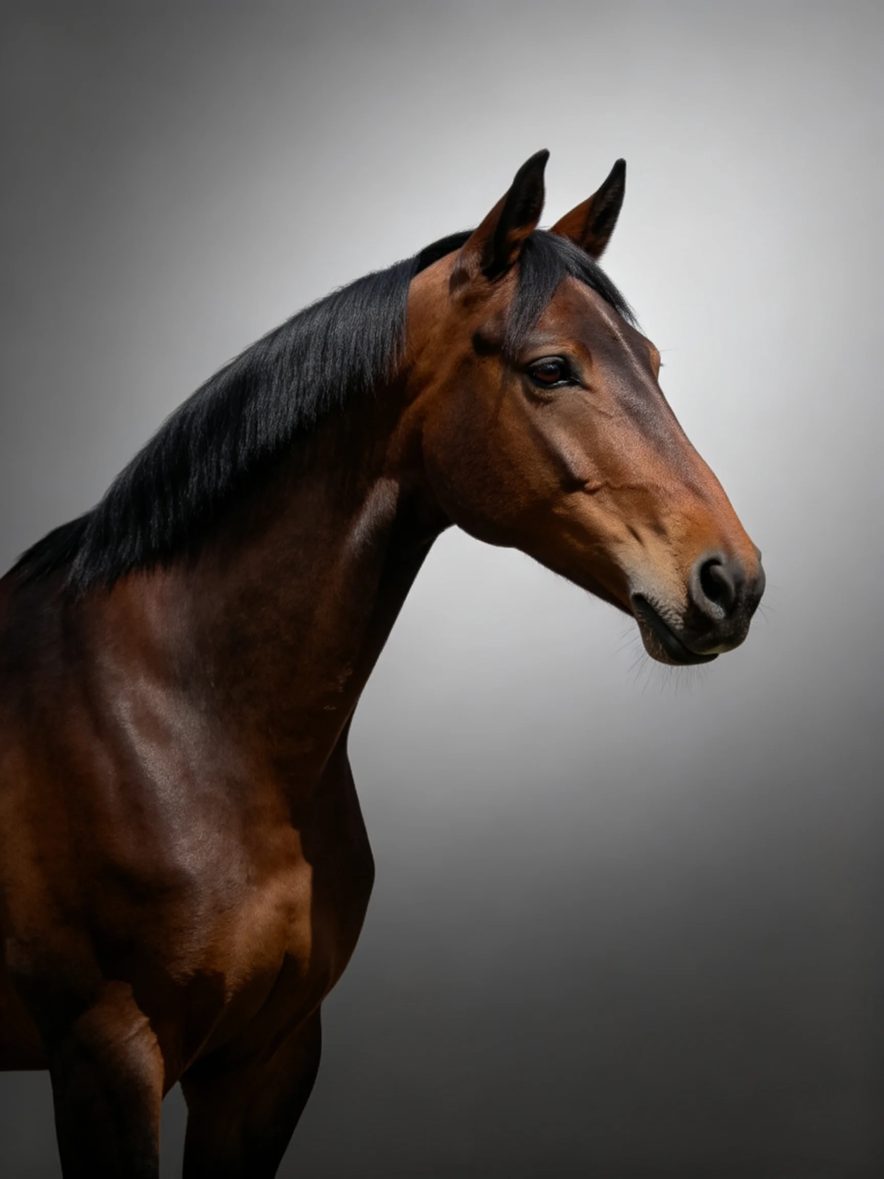 Close-up of a chestnut horse with glossy black mane on a neutral background.